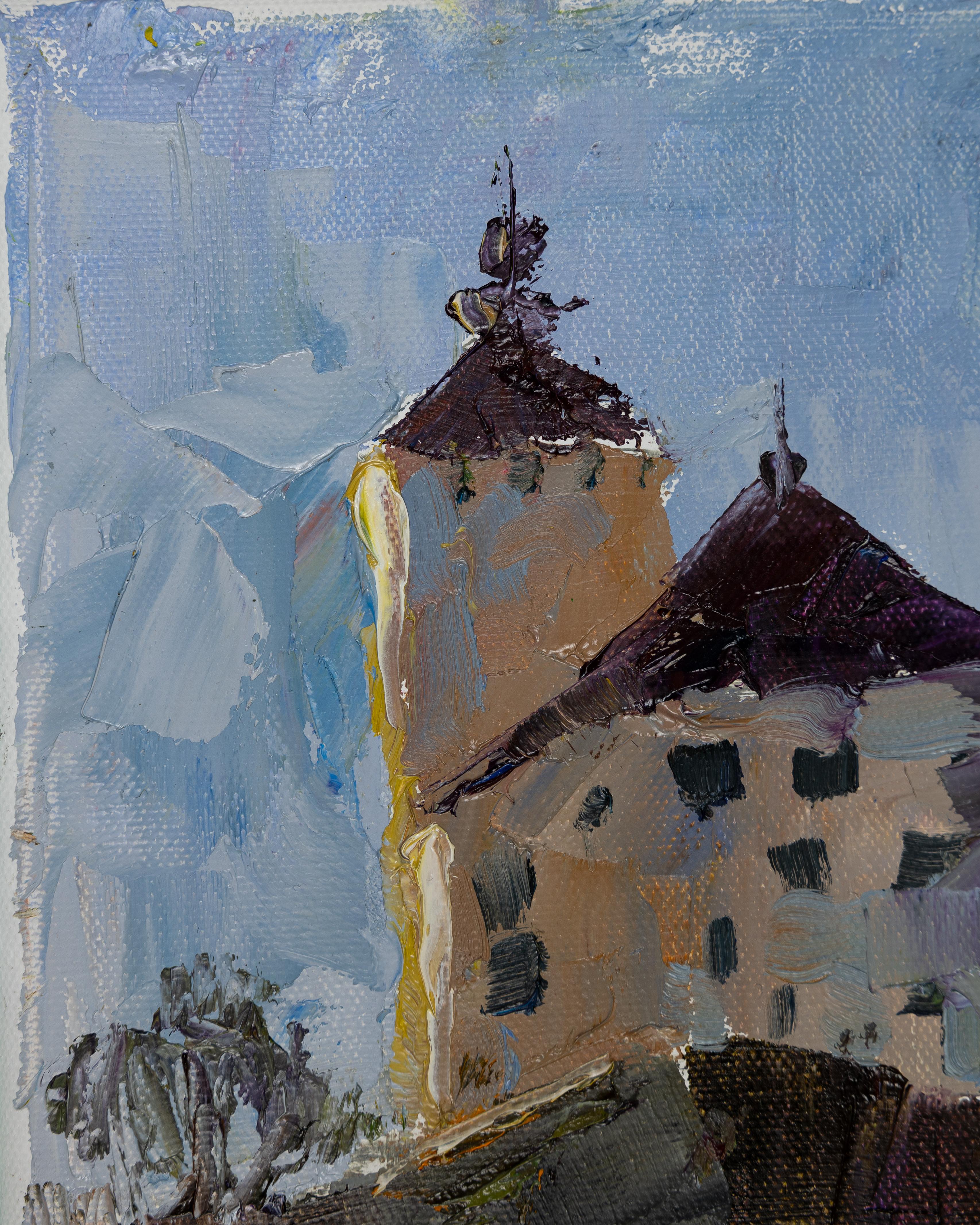 Werdenberg Schloss im Abend. Vertikale Landschaft, Impressionismus, klein. (Grau), Landscape Painting, von Anna Shesterikova