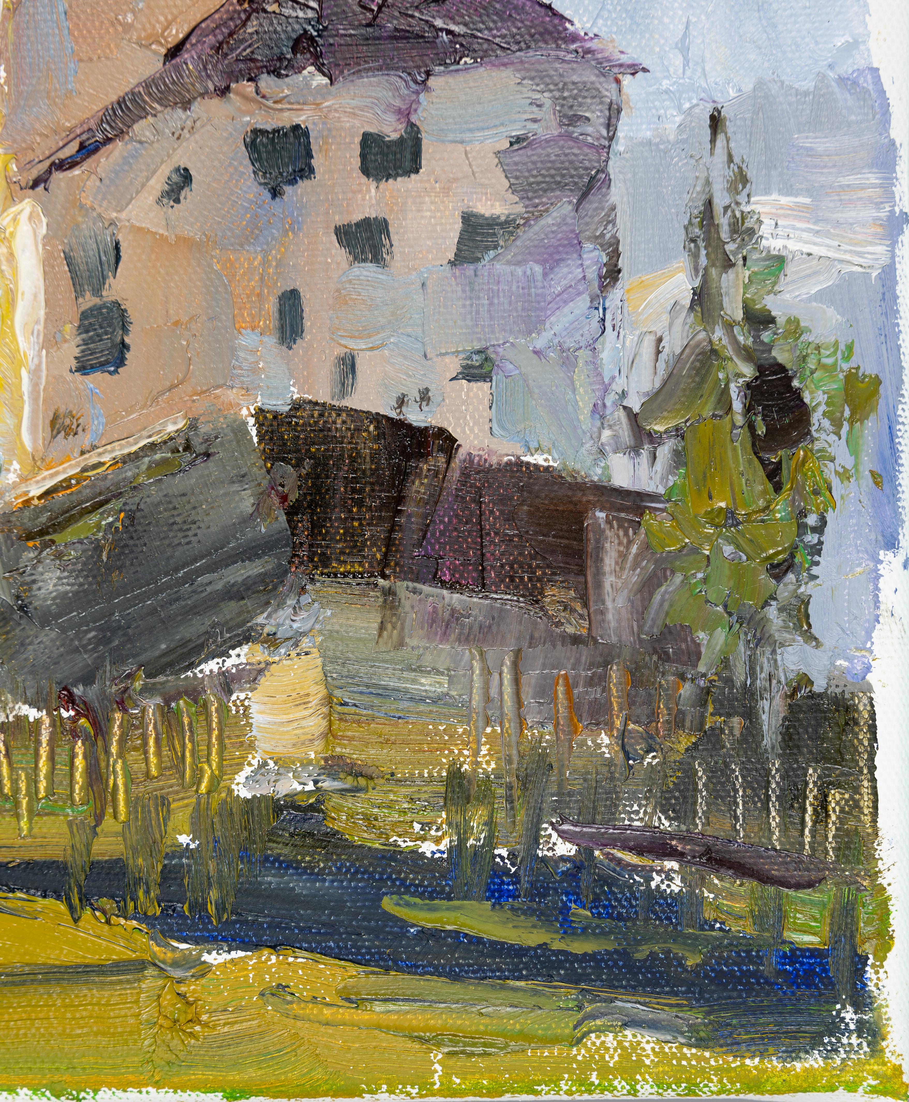 Werdenberg Schloss im Abend. Vertikale Landschaft, Impressionismus, klein. im Angebot 1
