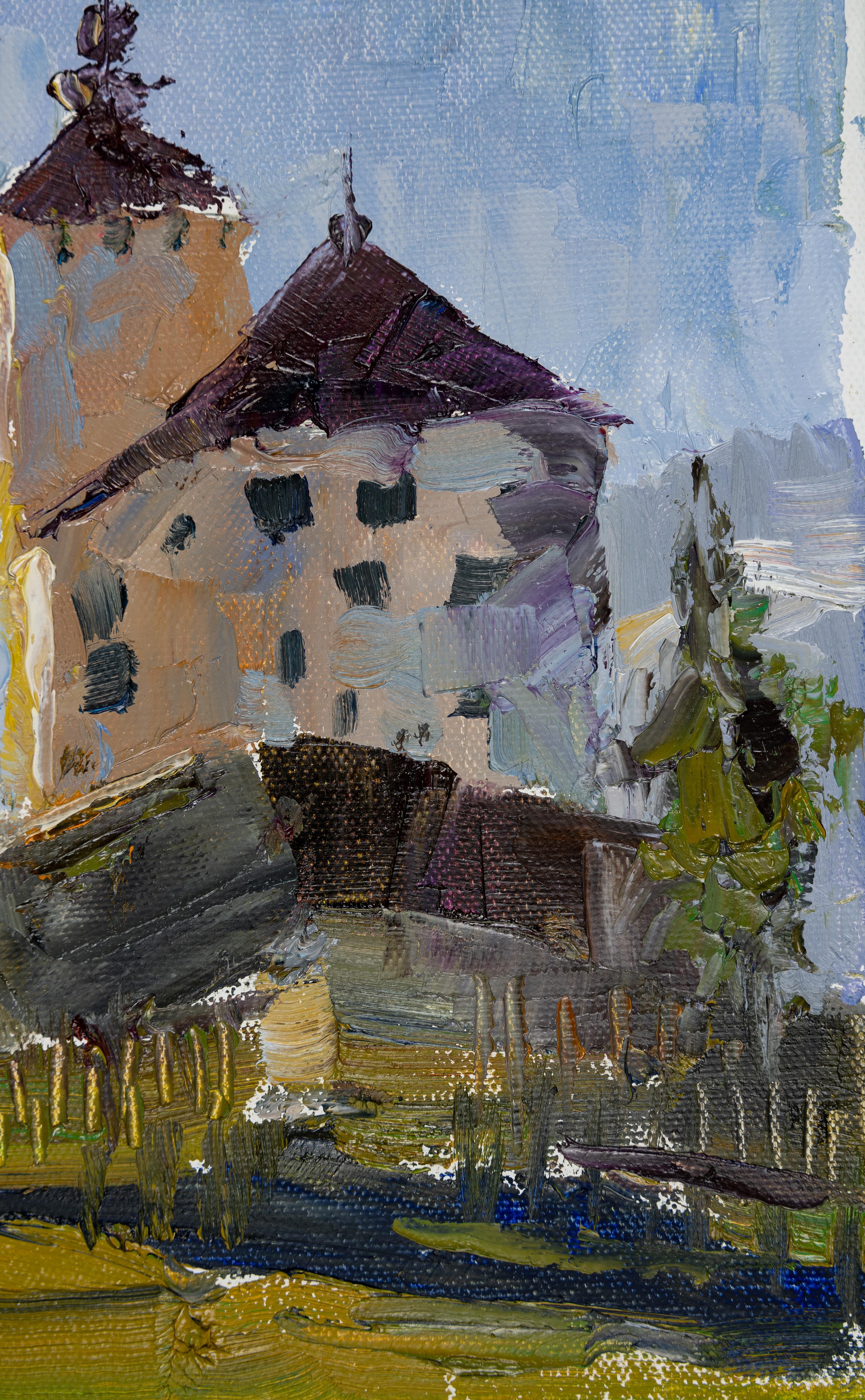 Werdenberg Schloss im Abend. Vertikale Landschaft, Impressionismus, klein. im Angebot 2