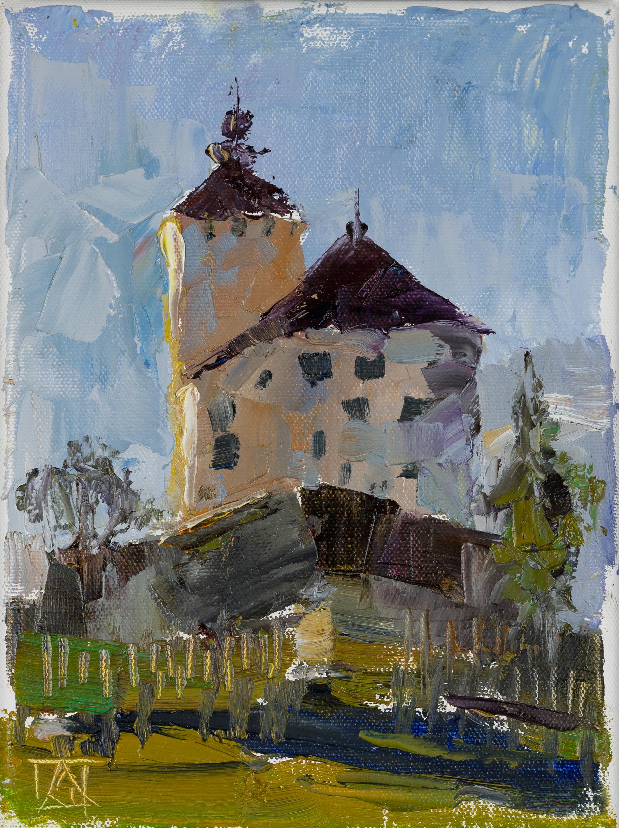 Le château de Werdenberg au soir. Paysage vertical, impressionnisme, petit