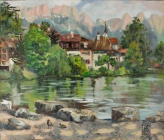 Werdenberg in May. Horizontal oil painting, nature, lake, Switzerland, mountains