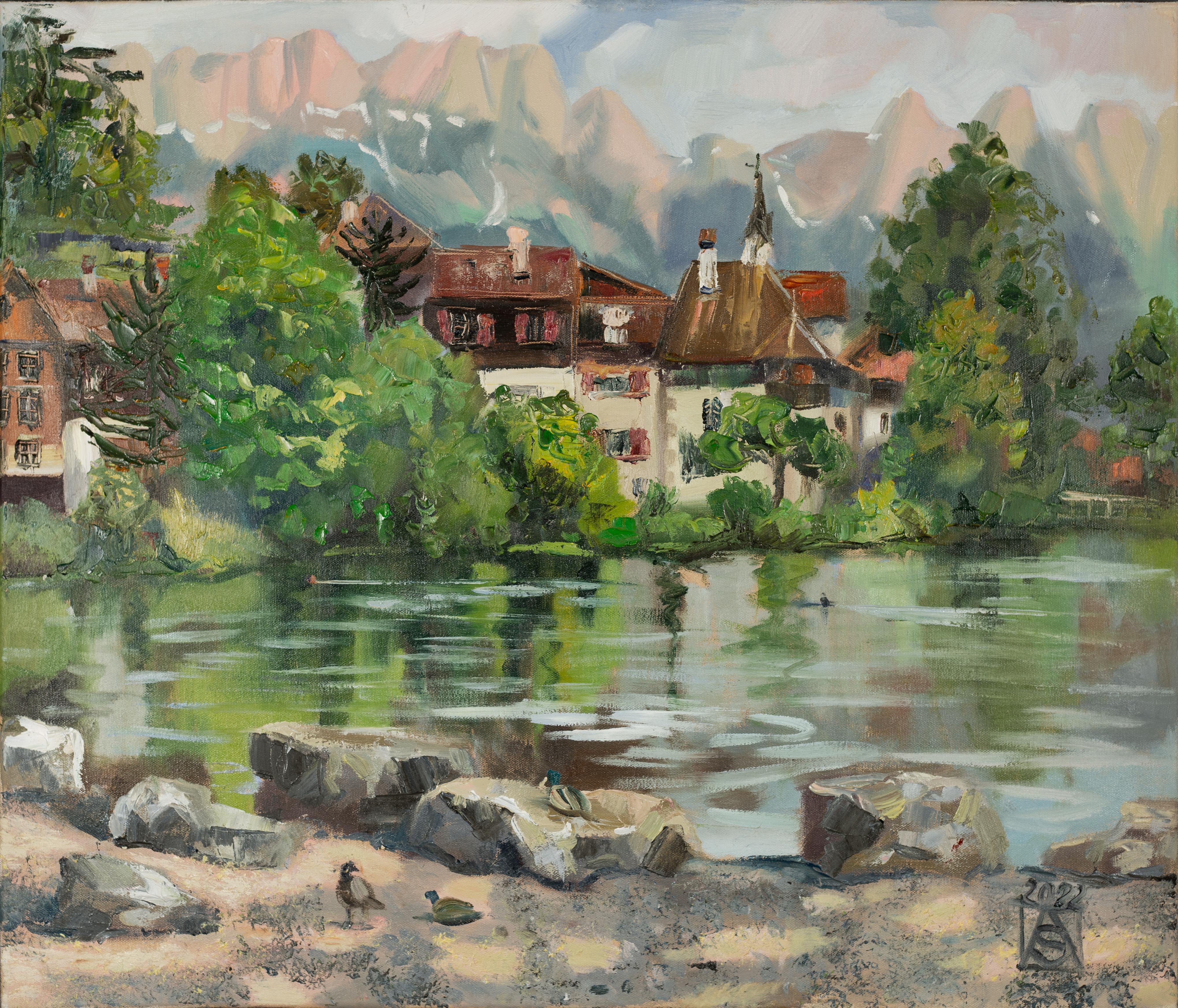 Anna Shesterikova Landscape Painting - Werdenberg in May. Horizontal oil painting, nature, lake, Switzerland, mountains
