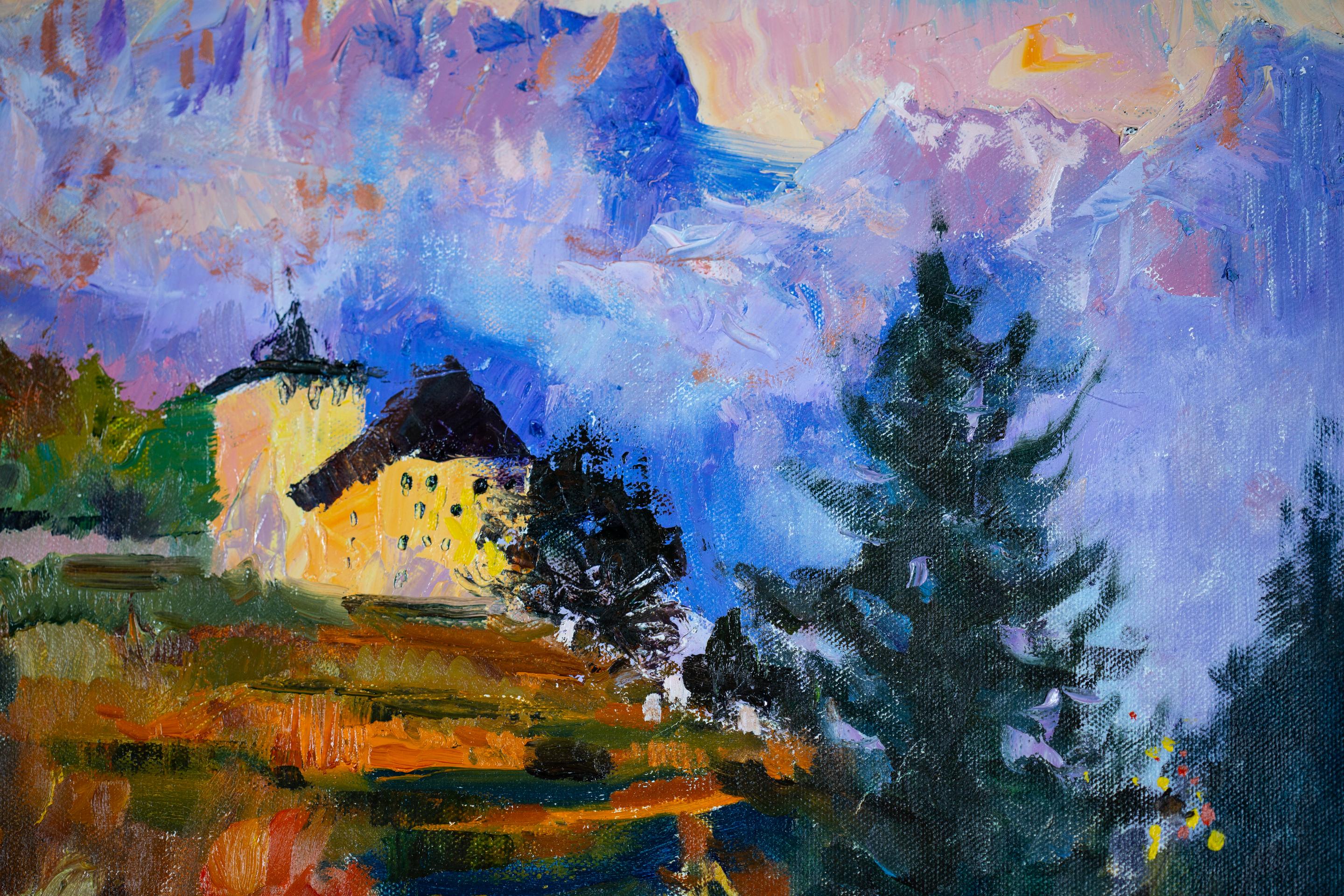 Werdenberg in the Evening, horizontal landscape, sunset, nature, town, swiss For Sale 5