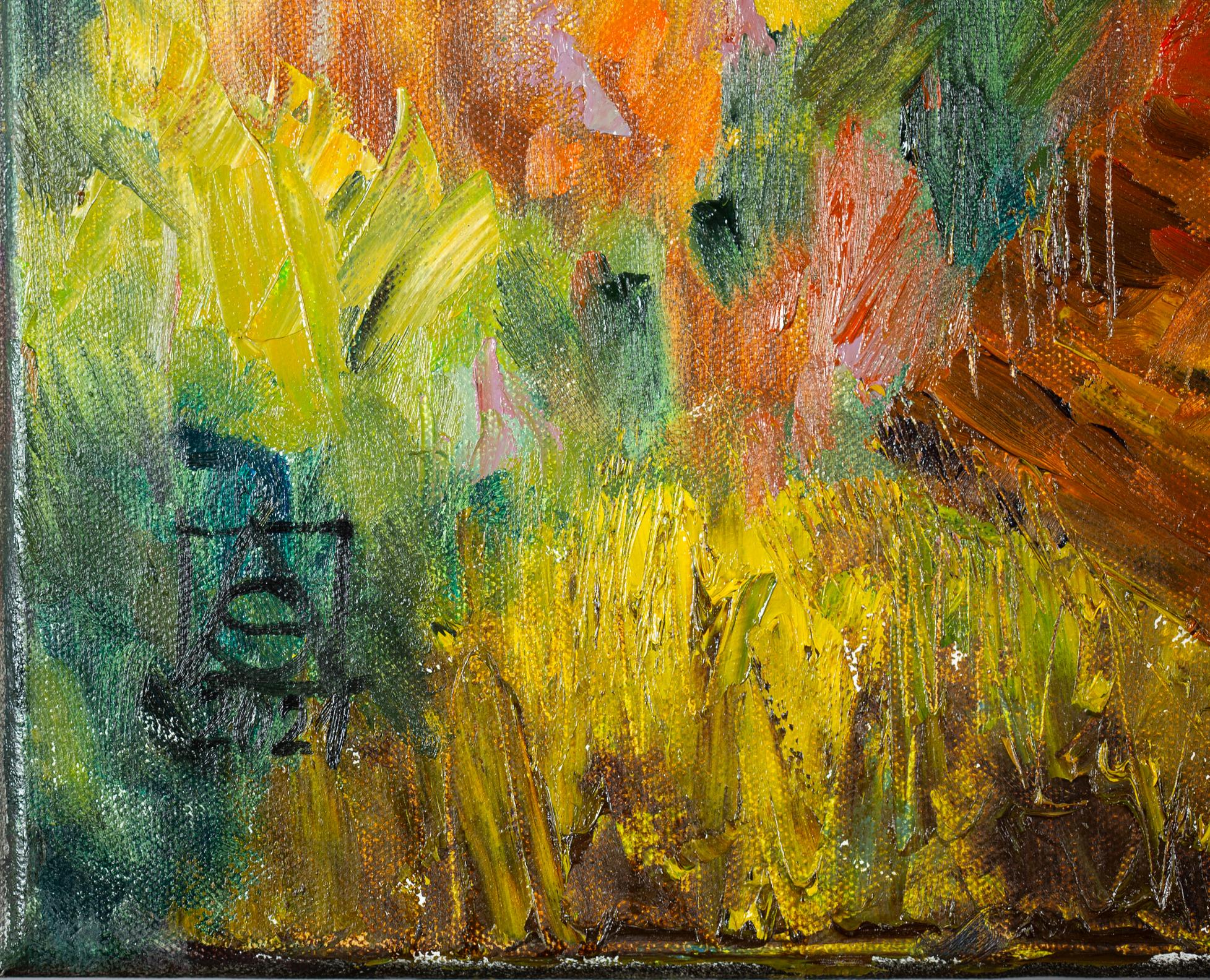 Werdenberg am Abend, horizontale Landschaft, Sonnenuntergang, Natur, Stadt, Schweiz (Braun), Landscape Painting, von Anna Shesterikova