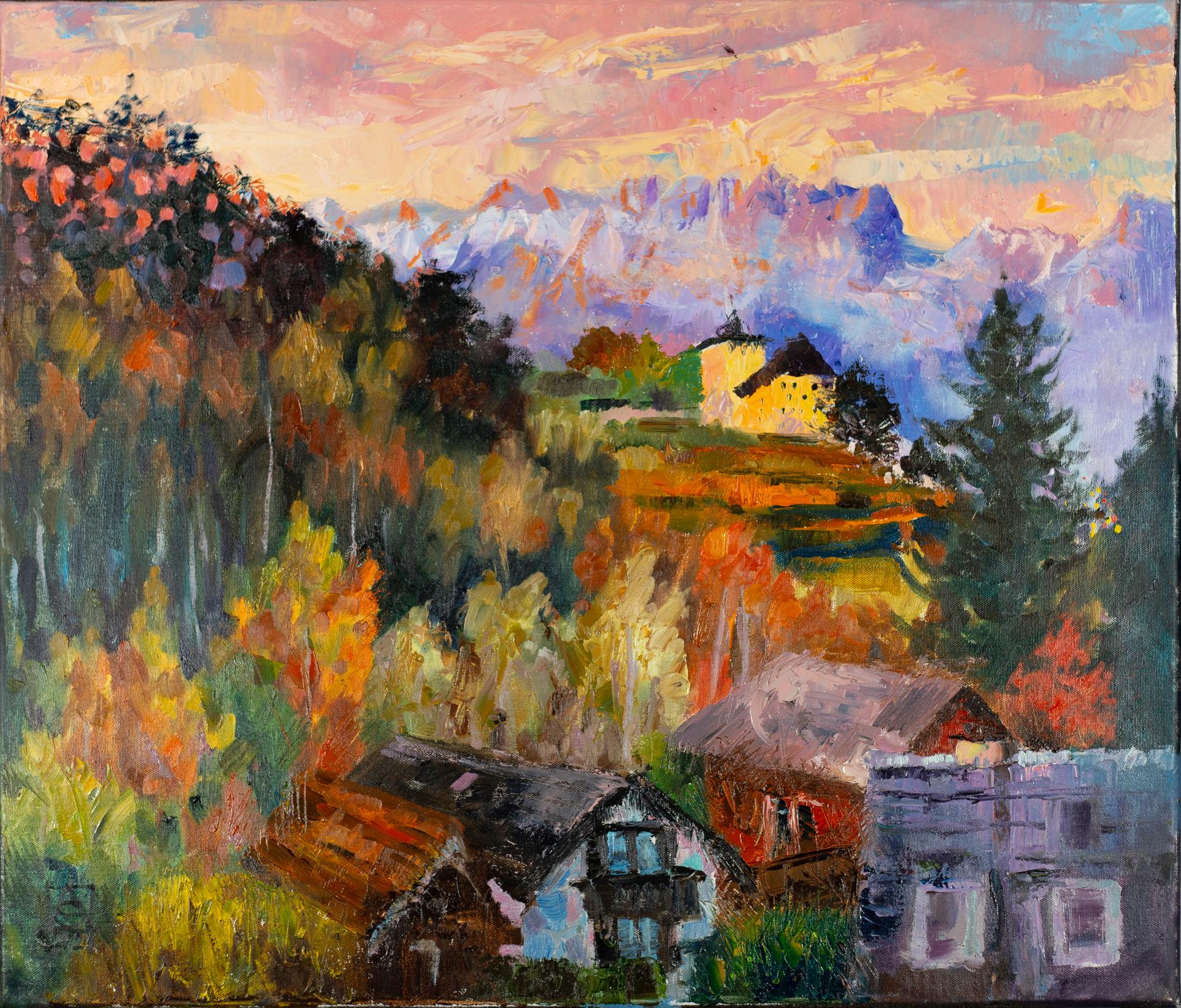 Anna Shesterikova Landscape Painting – Werdenberg am Abend, horizontale Landschaft, Sonnenuntergang, Natur, Stadt, Schweiz