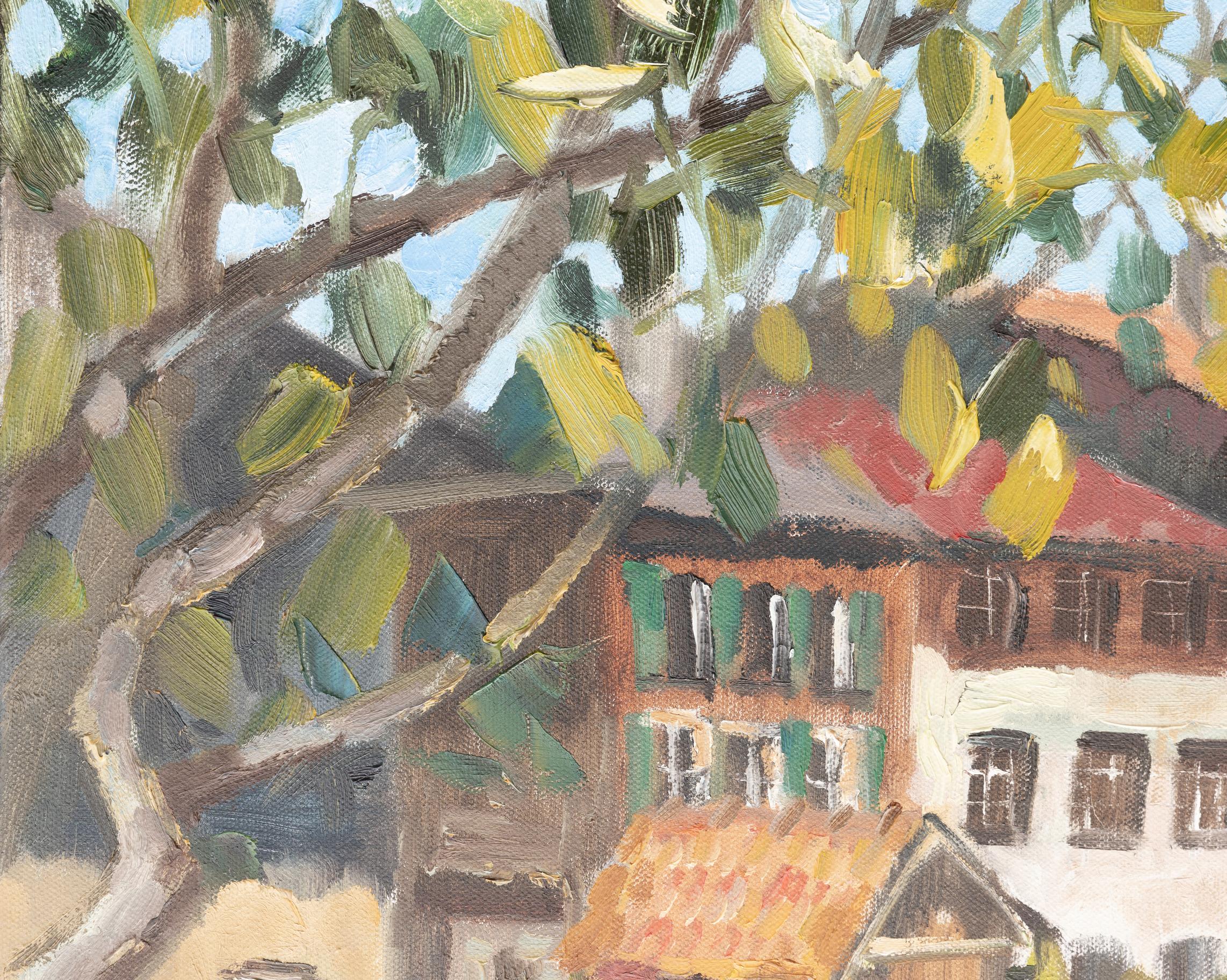 Werdenberg Is Blooming. Oil, impressionism, flowers, spring, houses, Switzerland For Sale 5