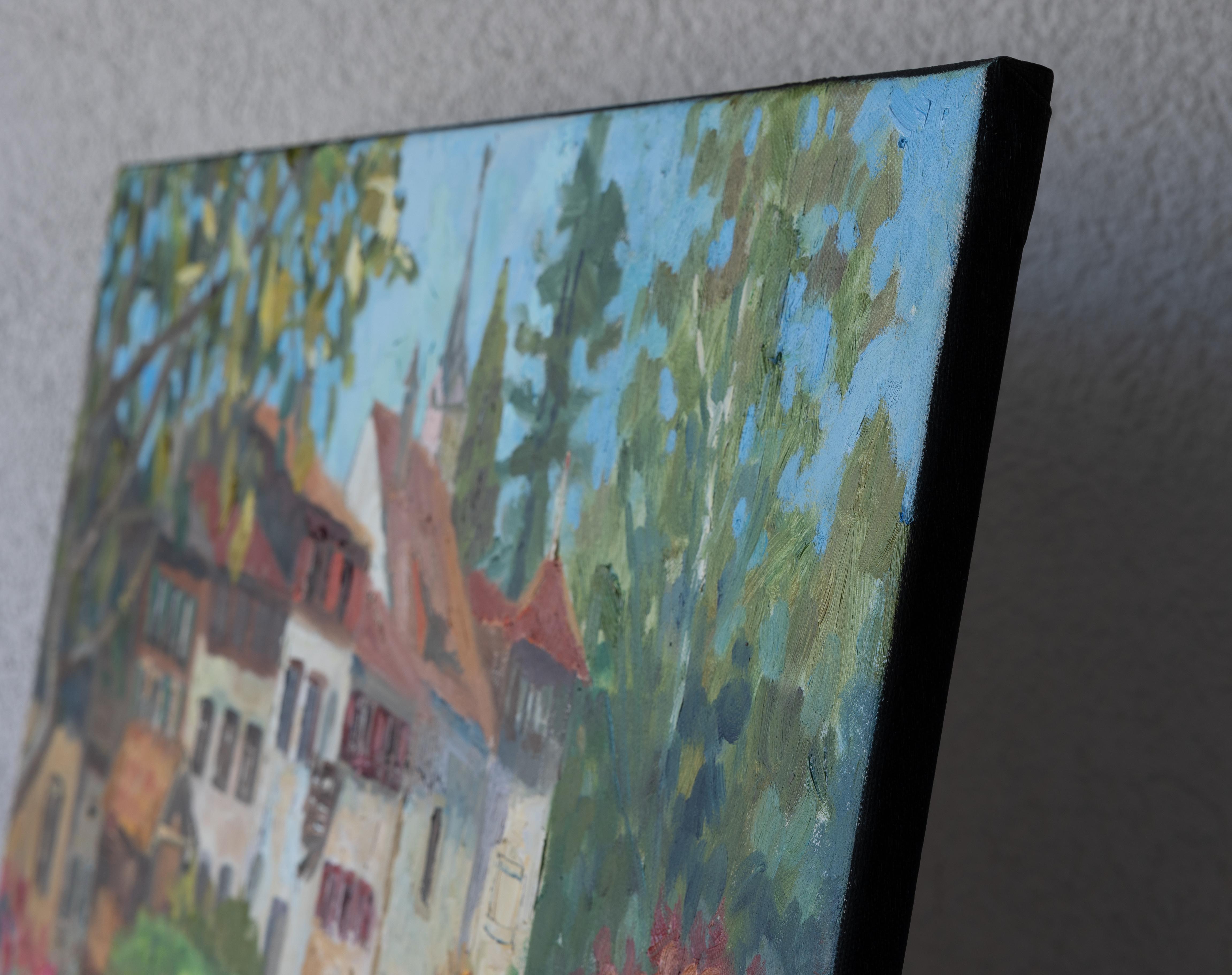 Werdenberg Is Blooming. Oil, impressionism, flowers, spring, houses, Switzerland - Painting by Anna Shesterikova