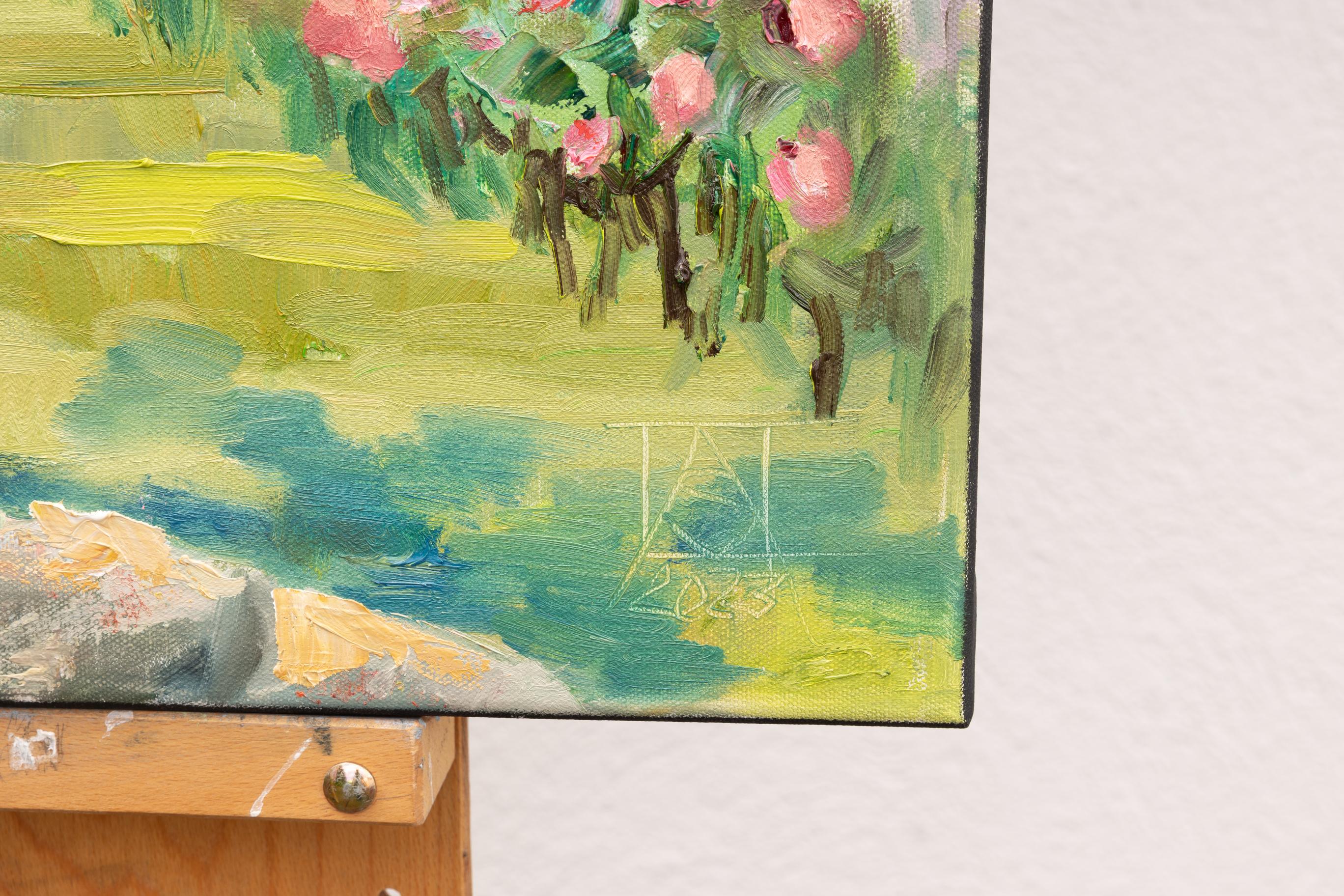 Werdenberg Is Blooming. Oil, impressionism, flowers, spring, houses, Switzerland - Brown Landscape Painting by Anna Shesterikova