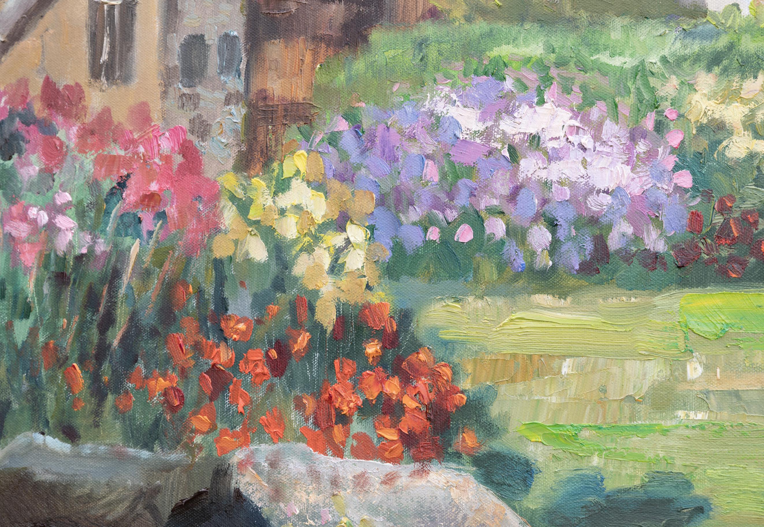 Werdenberg Is Blooming. Oil, impressionism, flowers, spring, houses, Switzerland For Sale 2