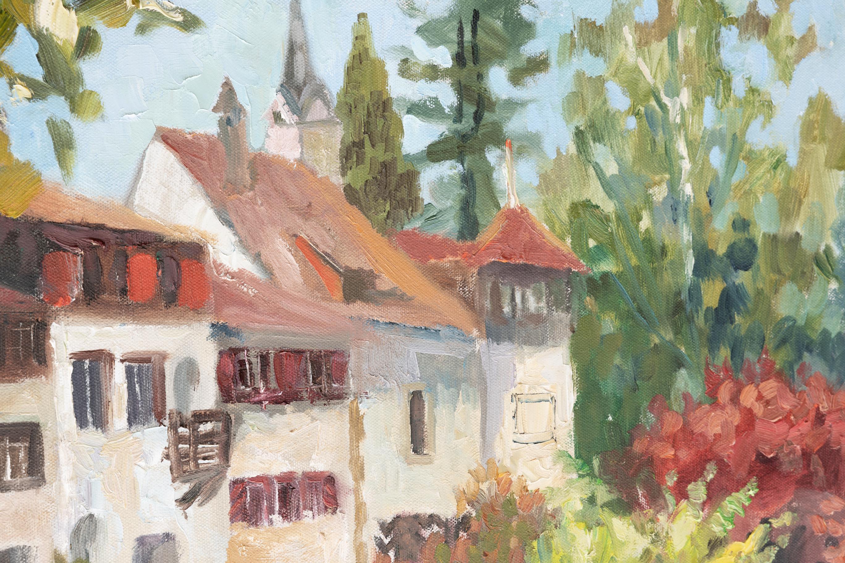 Werdenberg Is Blooming. Oil, impressionism, flowers, spring, houses, Switzerland For Sale 3