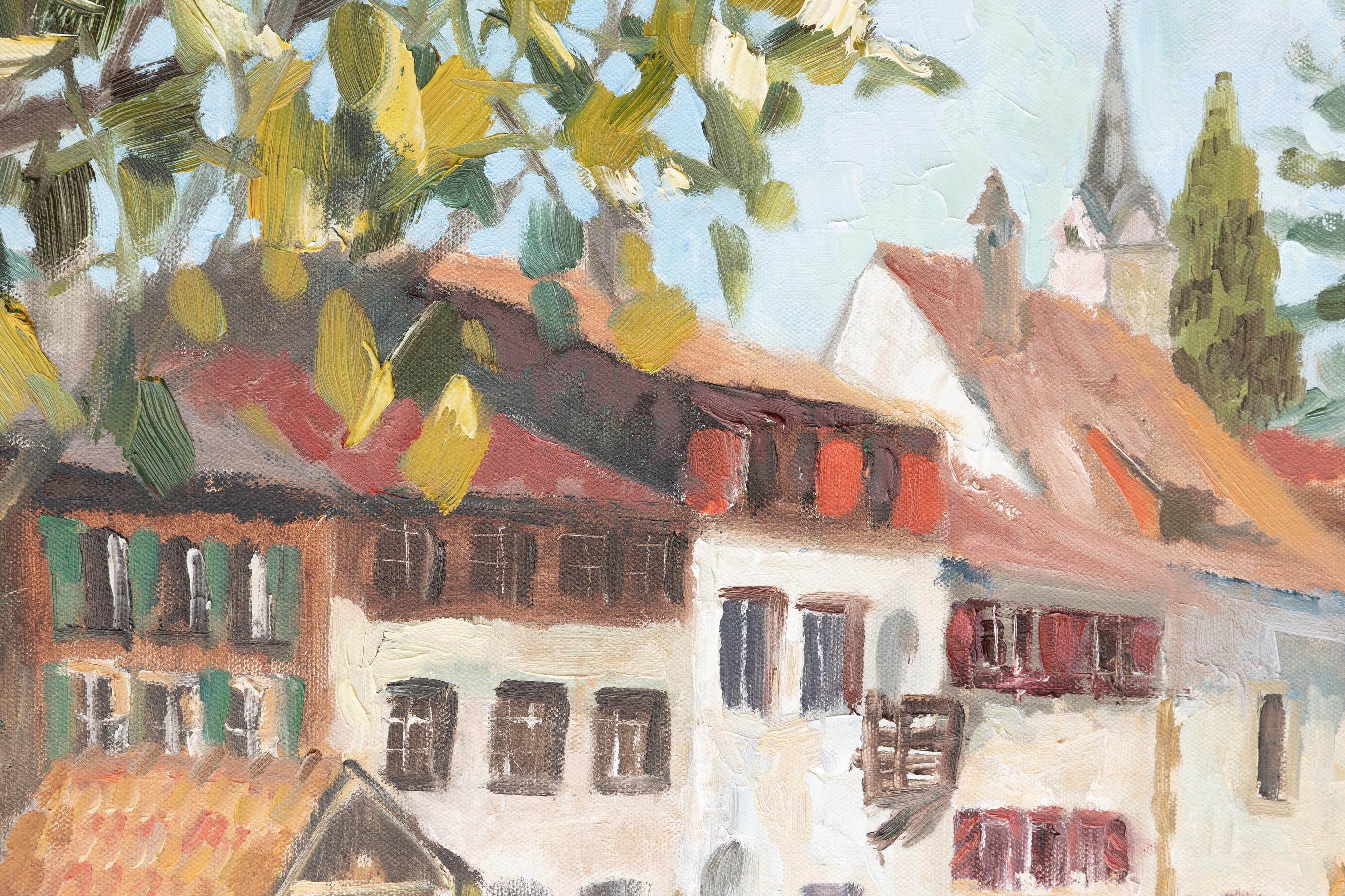Werdenberg Is Blooming. Oil, impressionism, flowers, spring, houses, Switzerland For Sale 4