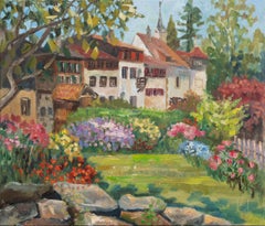 Werdenberg está floreciendo. Óleo, impresionismo, flores, primavera, casas, Suiza