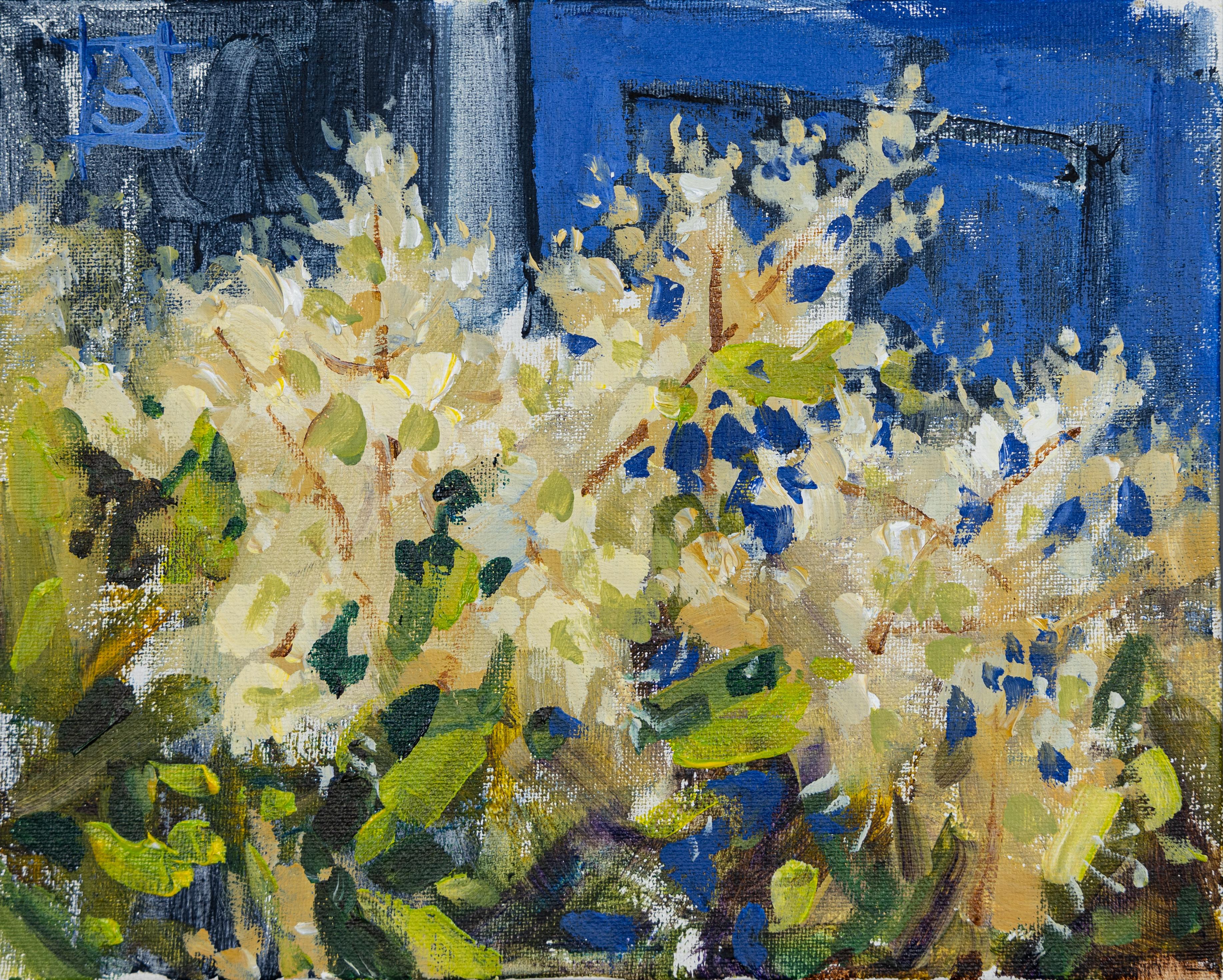 Anna Shesterikova Landscape Painting - White Flowers Under The Window (California). Horizontal, floral, landscape.