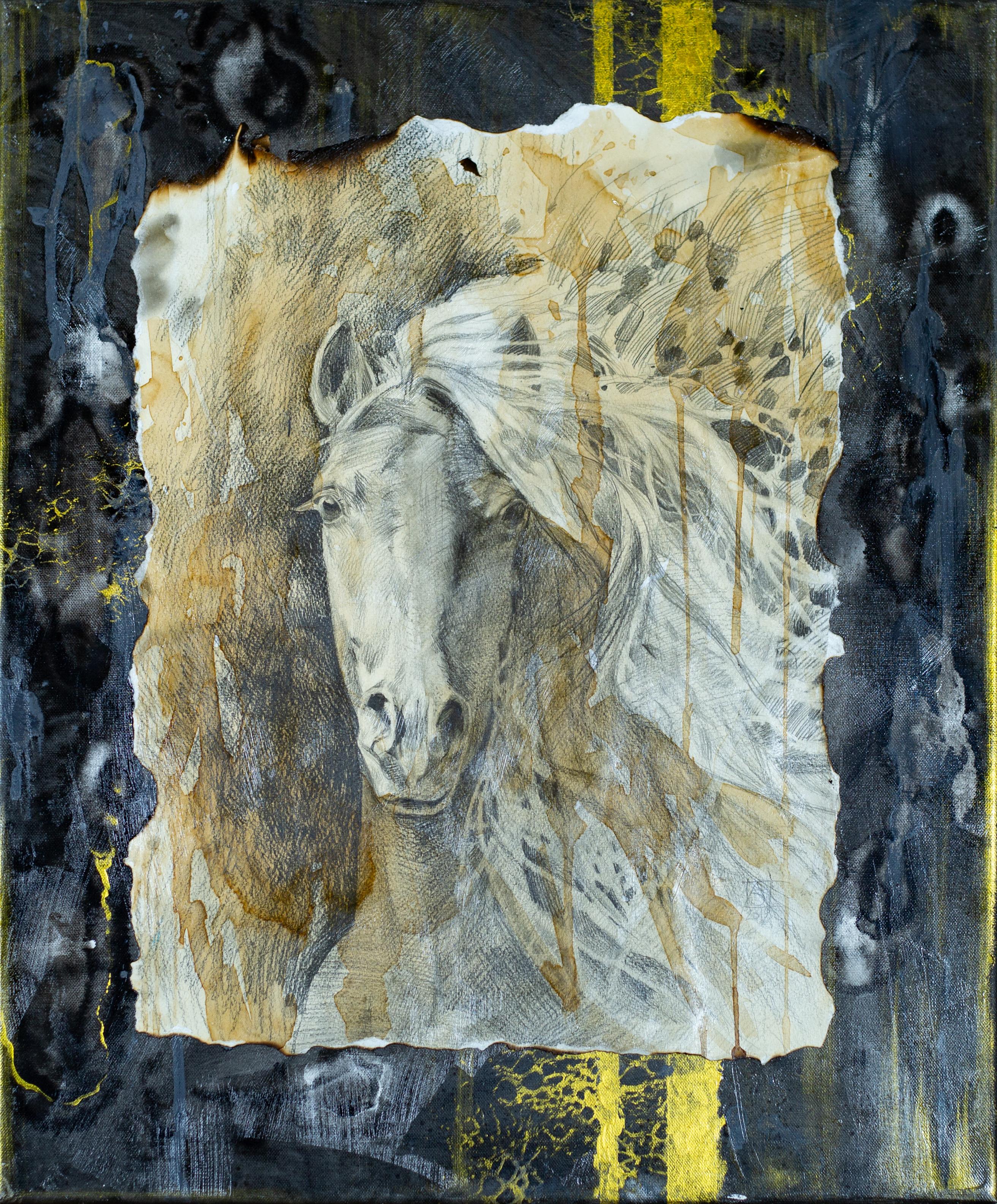 Anna Shesterikova Animal Painting - White Horse. Animal, Drawing, vertical, graphic, acrylic, Japandi