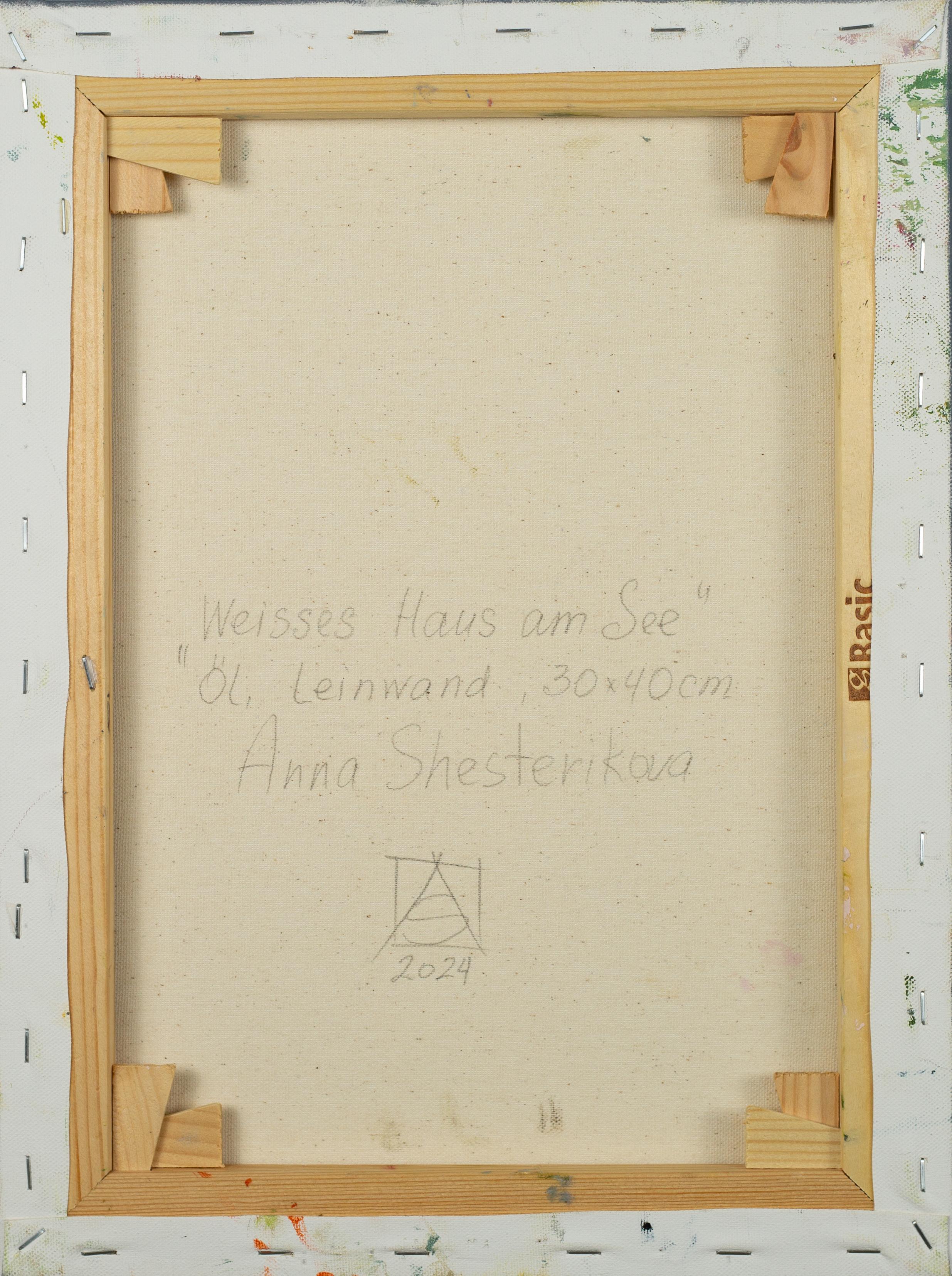 Weißes Haus am See. Postimpressionismus, Landschaft, Ölgemälde, See, Natur (Post-Impressionismus), Painting, von Anna Shesterikova