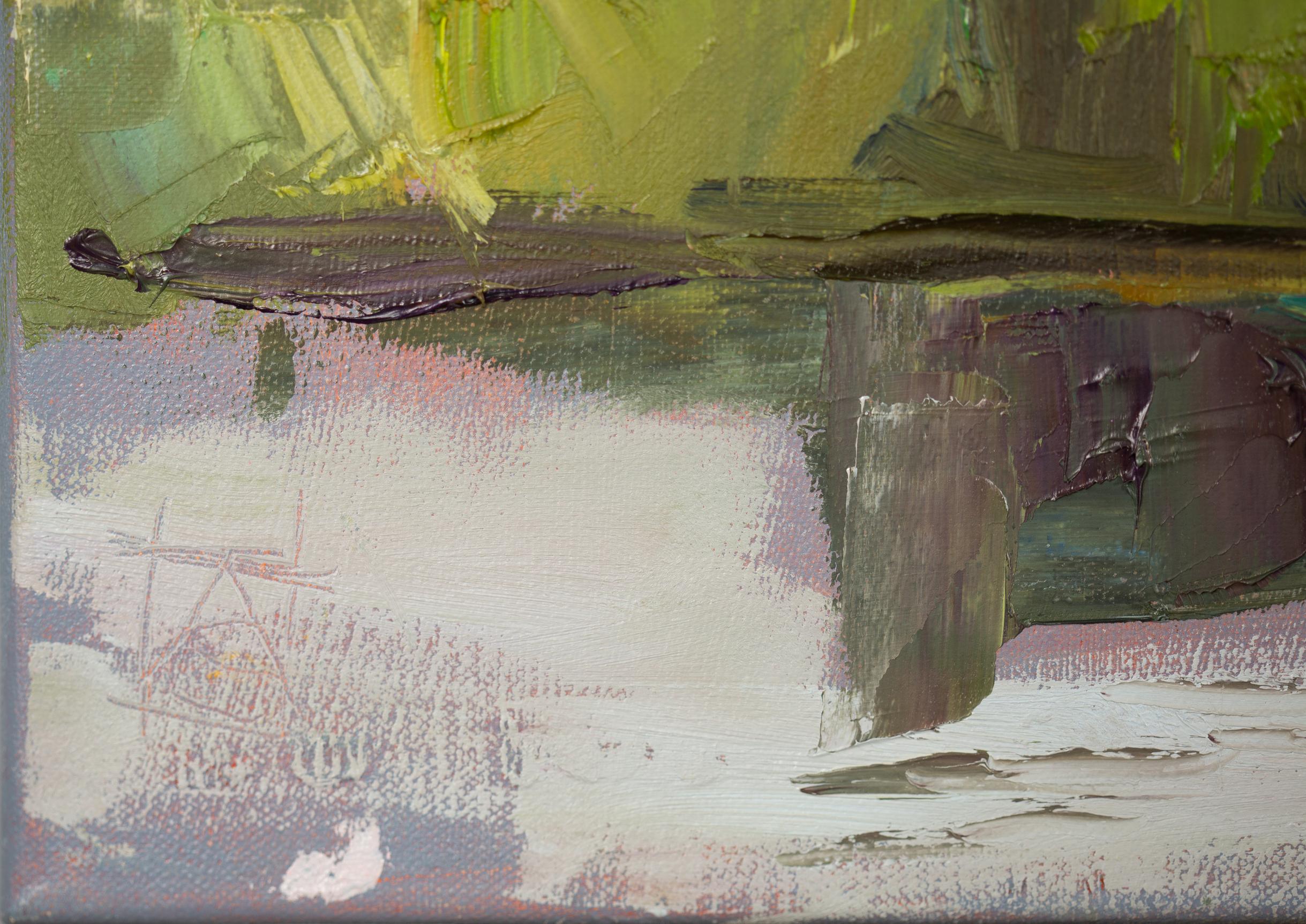 Weißes Haus am See. Postimpressionismus, Landschaft, Ölgemälde, See, Natur (Grau), Landscape Painting, von Anna Shesterikova