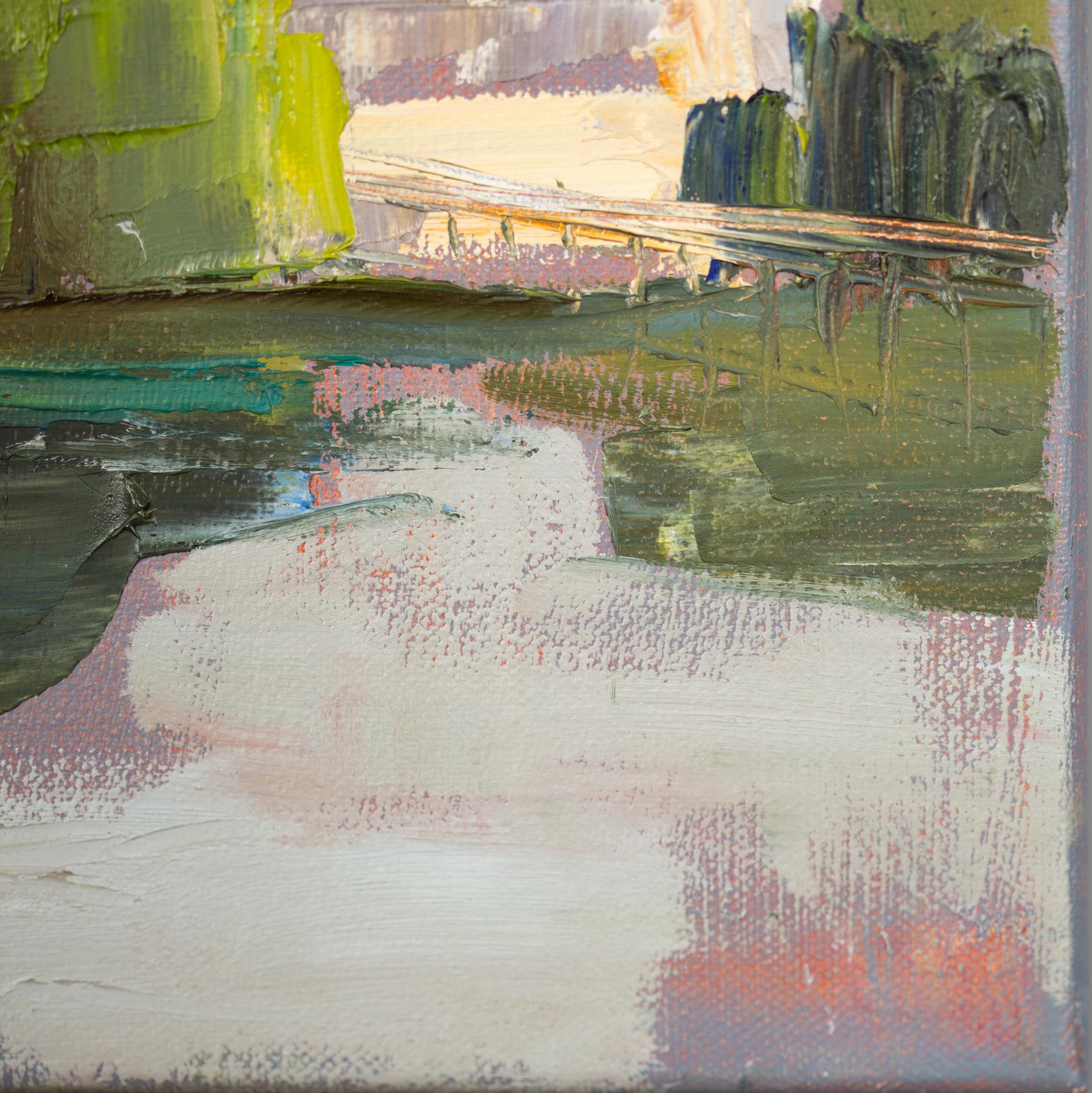 Weißes Haus am See. Postimpressionismus, Landschaft, Ölgemälde, See, Natur im Angebot 1