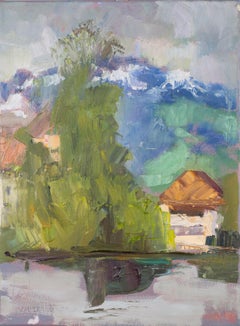 White House on the Lake. Post-impressionism, landscape, oil paint, lake, nature