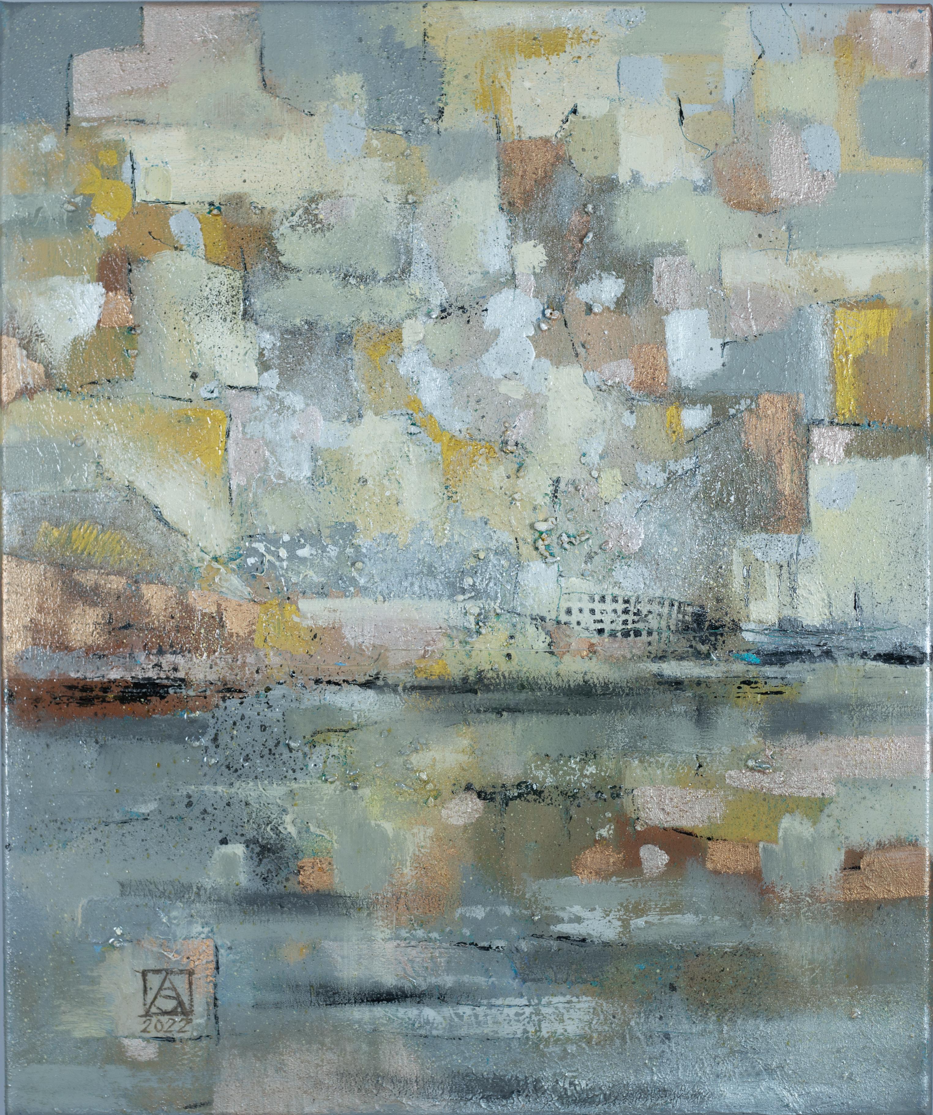 White Nights. Abstract expressionist, grey, Japandi, Wabi-Sabi, Shabby Chic