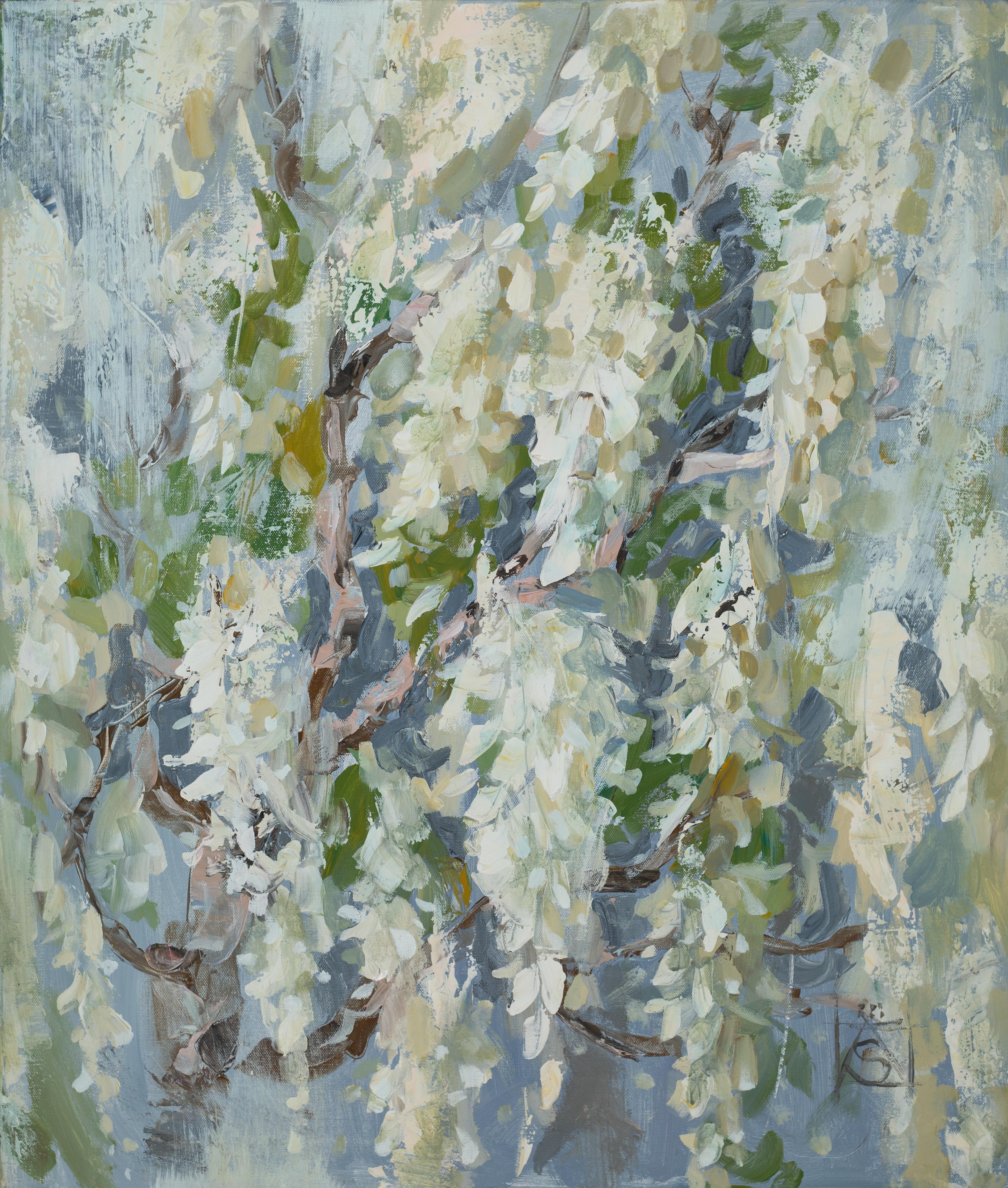 Anna Shesterikova Interior Painting - White Wisteria. Post-impressionism, acrylic painting, vertical, nature, floral