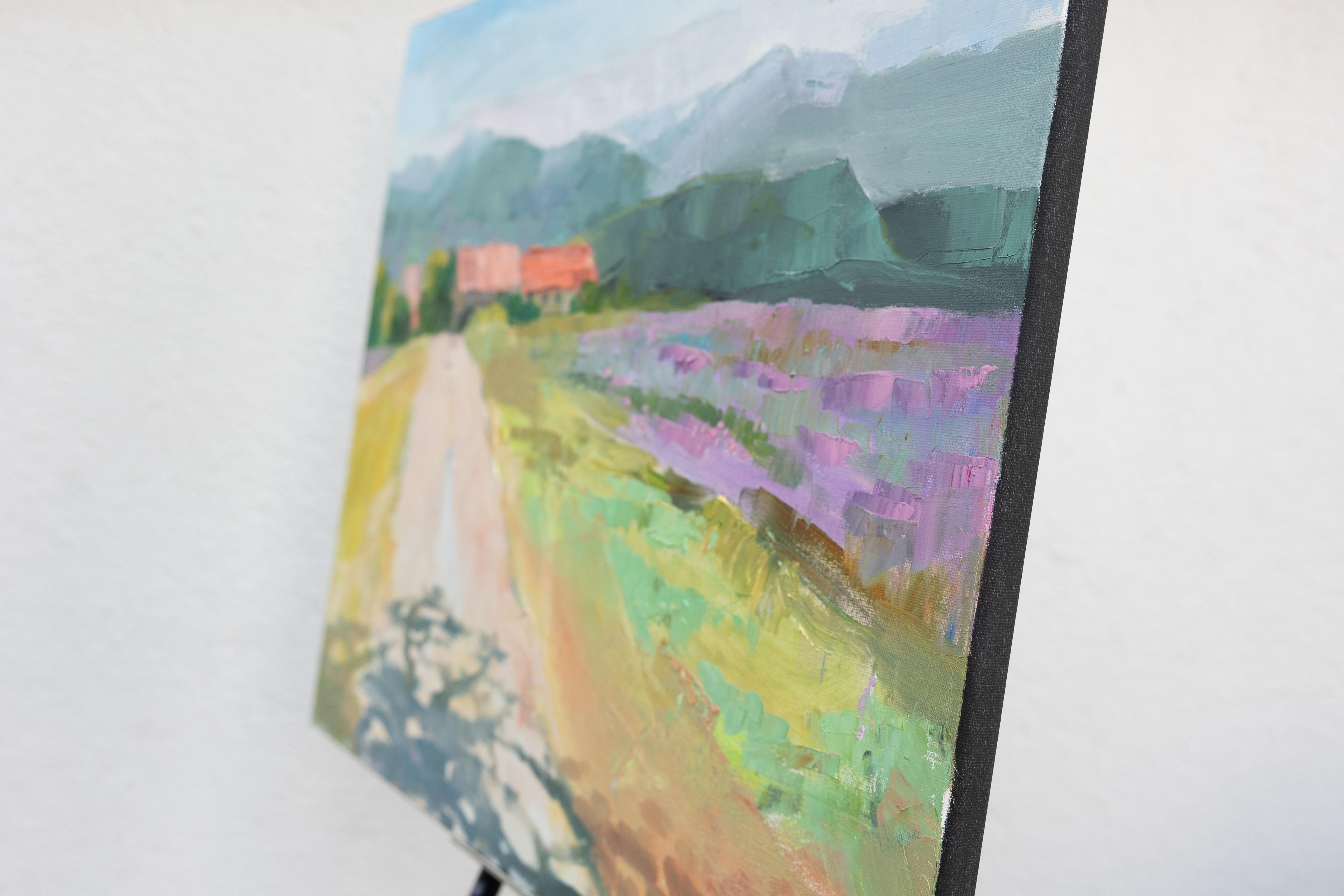 Windy Day In Provence. Horizontal landscape, impressionism, mountain, flowers. - Painting by Anna Shesterikova