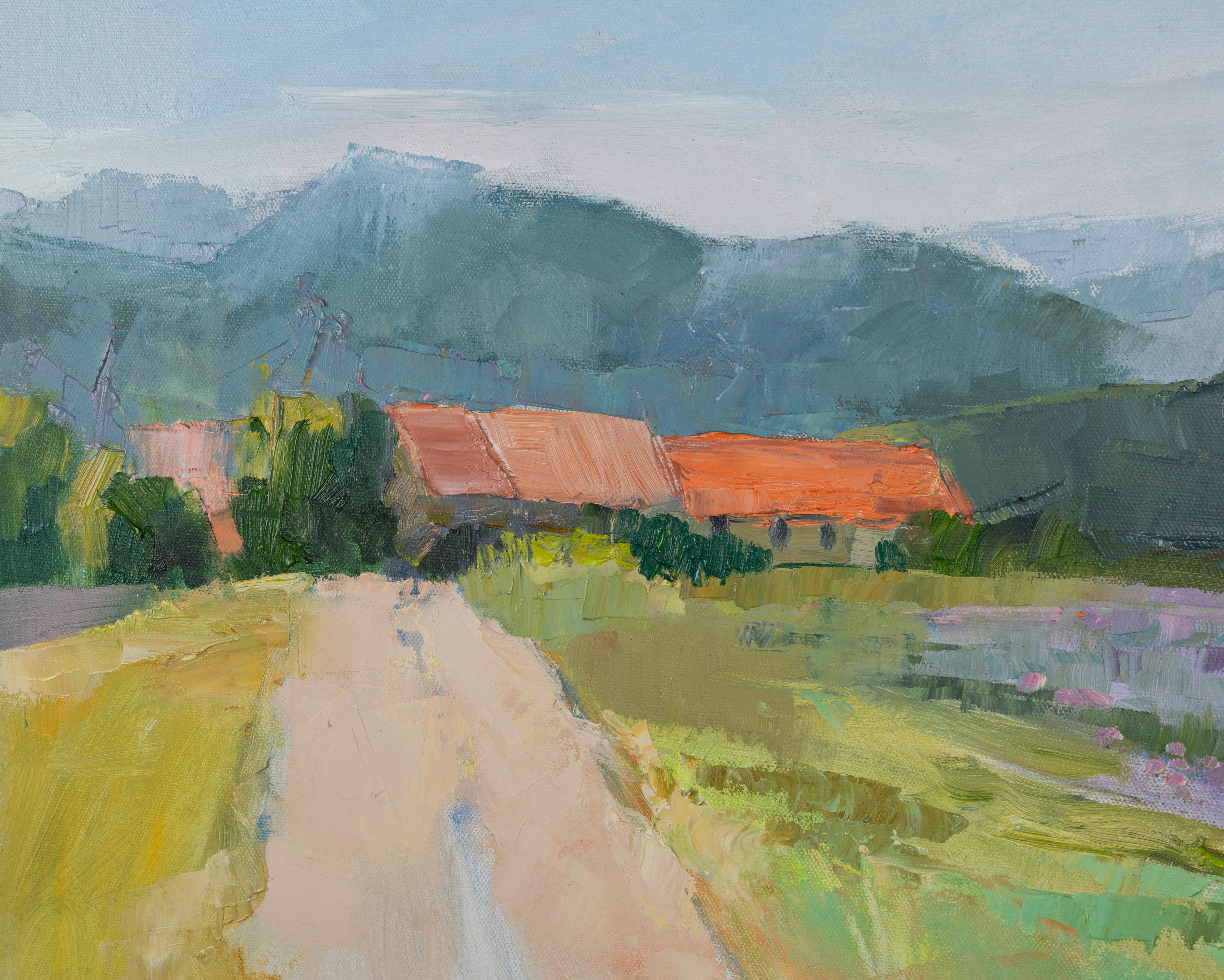 Windy Day In Provence. Horizontal landscape, impressionism, mountain, flowers. For Sale 2