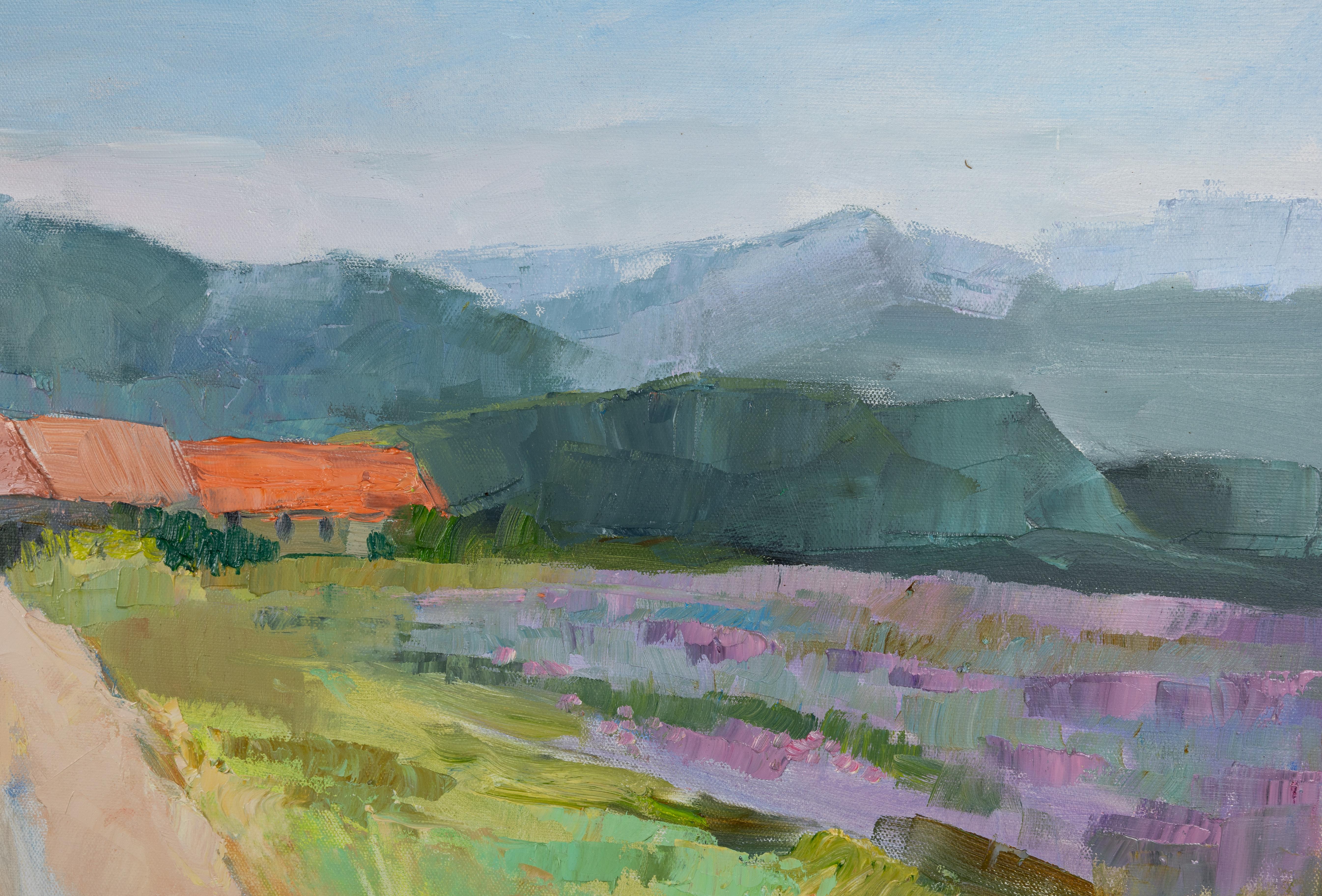 Windy Day In Provence. Horizontal landscape, impressionism, mountain, flowers. For Sale 3