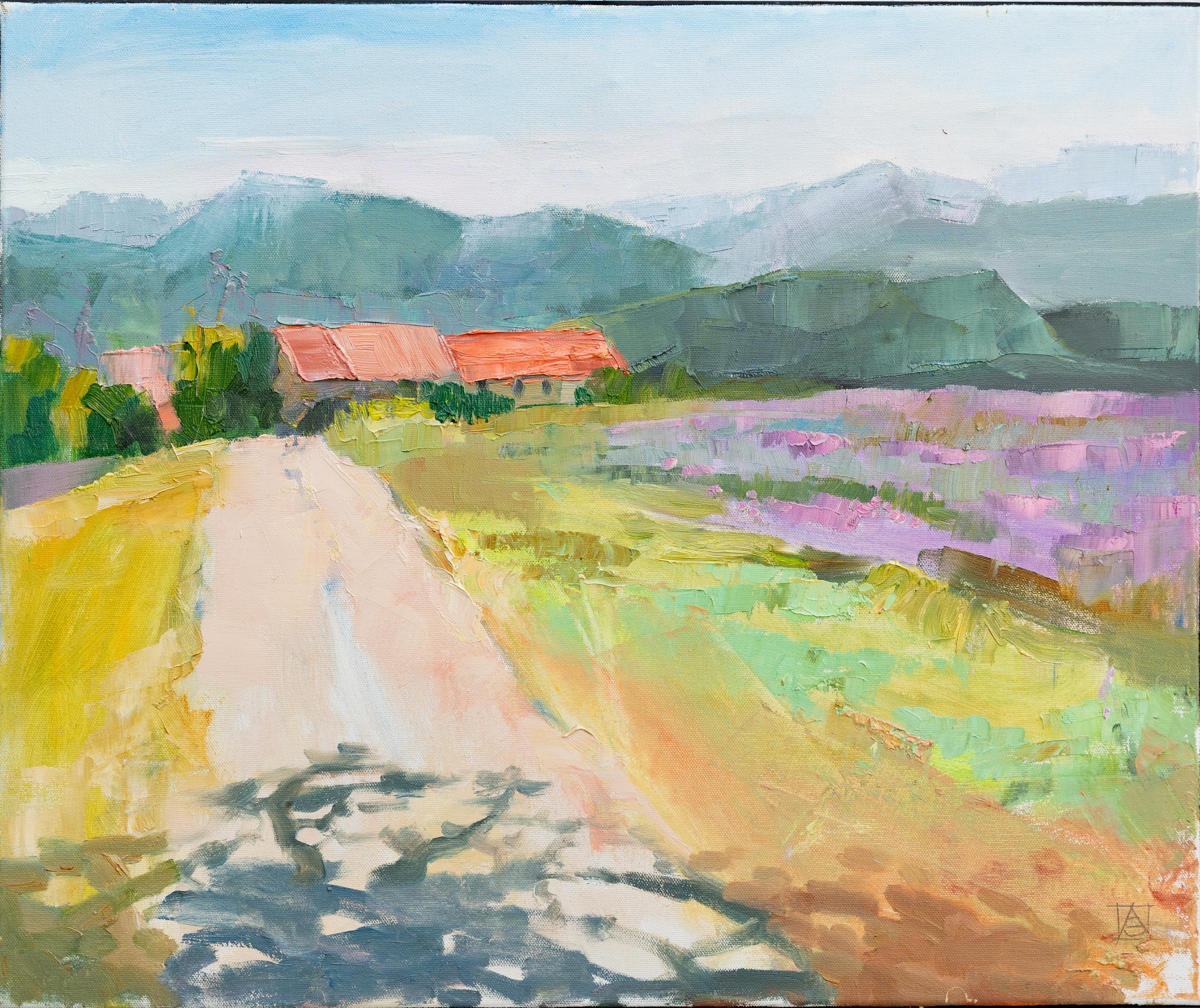 Anna Shesterikova Landscape Painting - Windy Day In Provence. Horizontal landscape, impressionism, mountain, flowers.