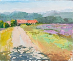 Windy Day In Provence. Horizontal landscape, impressionism, mountain, flowers.