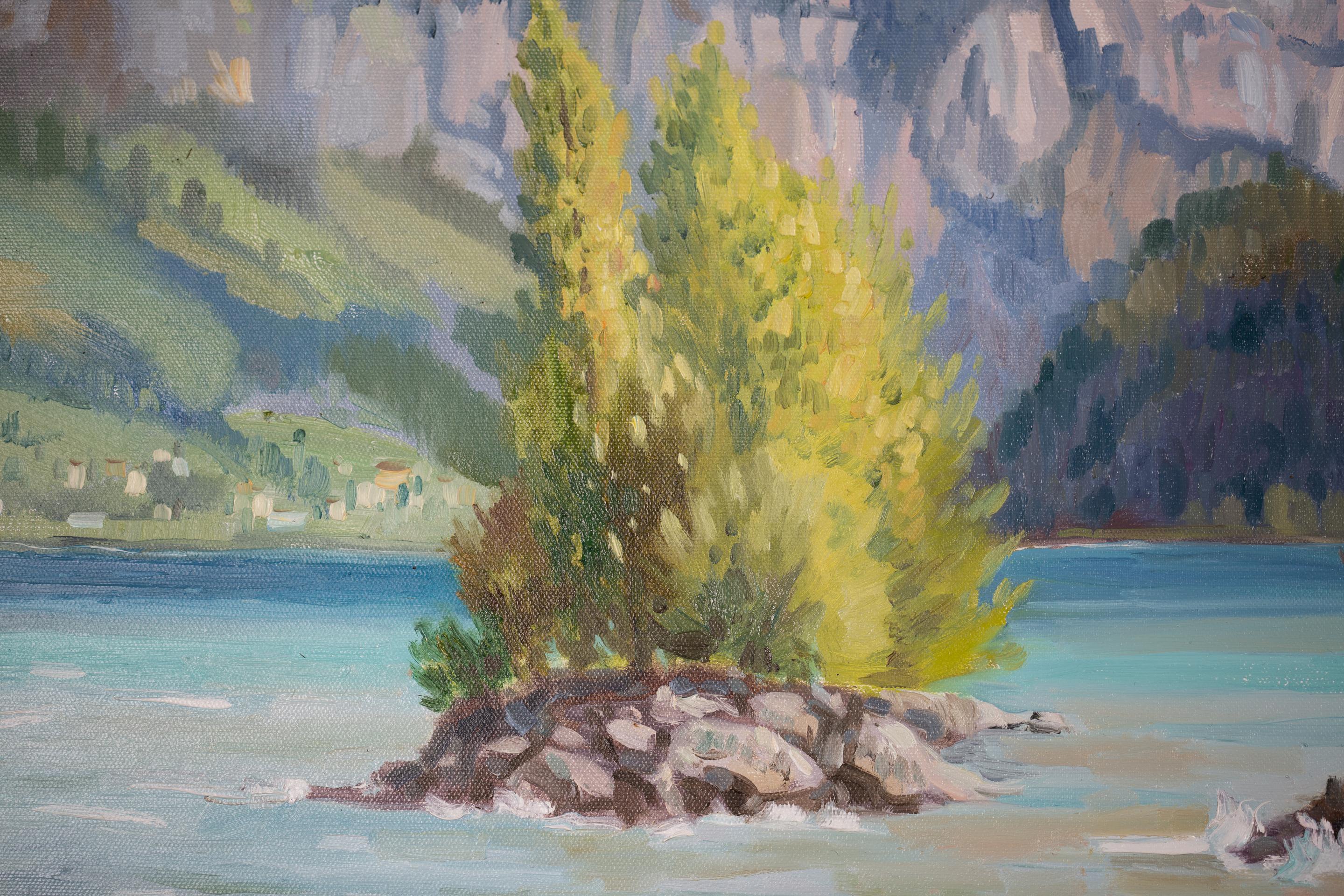 Giornata ventosa sul lago Walensee. Lago, isola, foresta, montagne, Svizzera in vendita 12