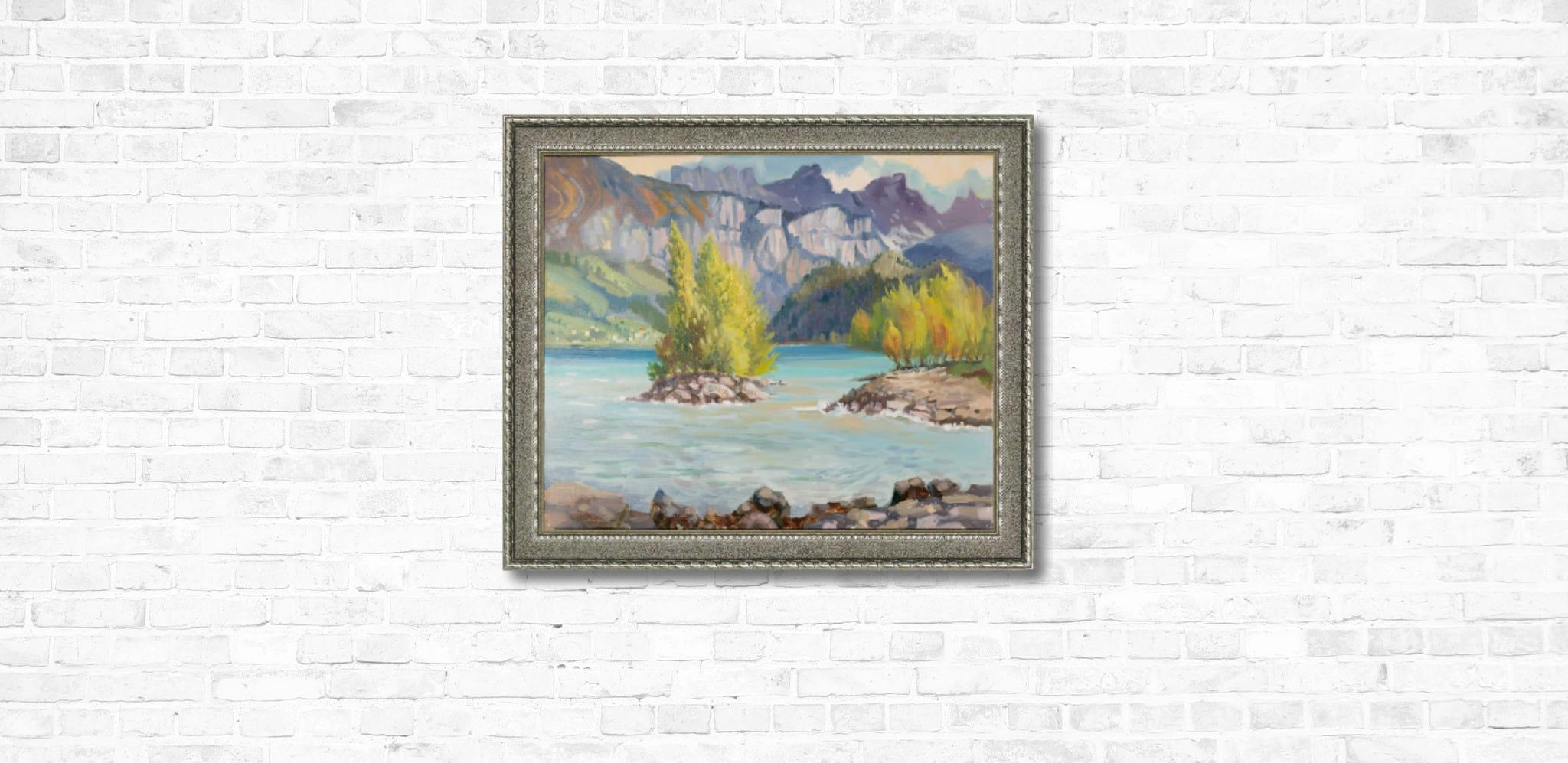 Giornata ventosa sul lago Walensee. Lago, isola, foresta, montagne, Svizzera - Painting Postimpressionismo di Anna Shesterikova