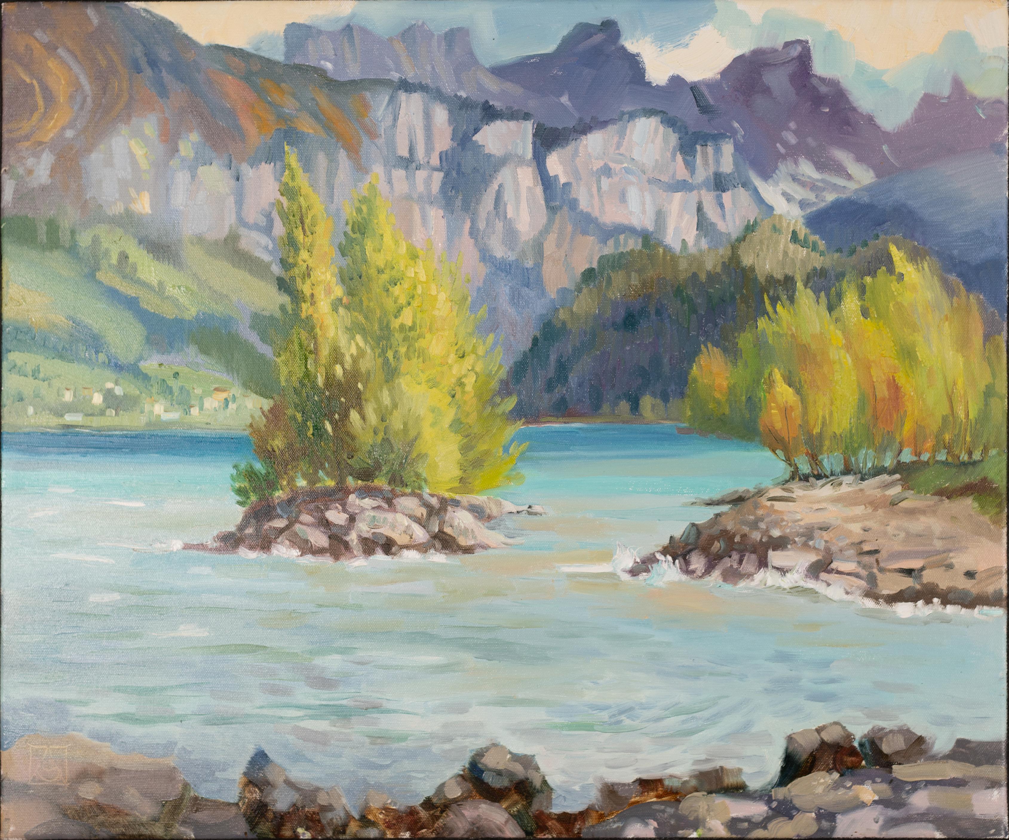 Landscape Painting di Anna Shesterikova - Giornata ventosa sul lago Walensee. Lago, isola, foresta, montagne, Svizzera