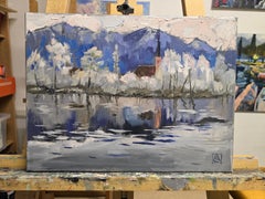 Winter Fairy Tale on Lake Werdenbergersee. Impressionism, oil painting