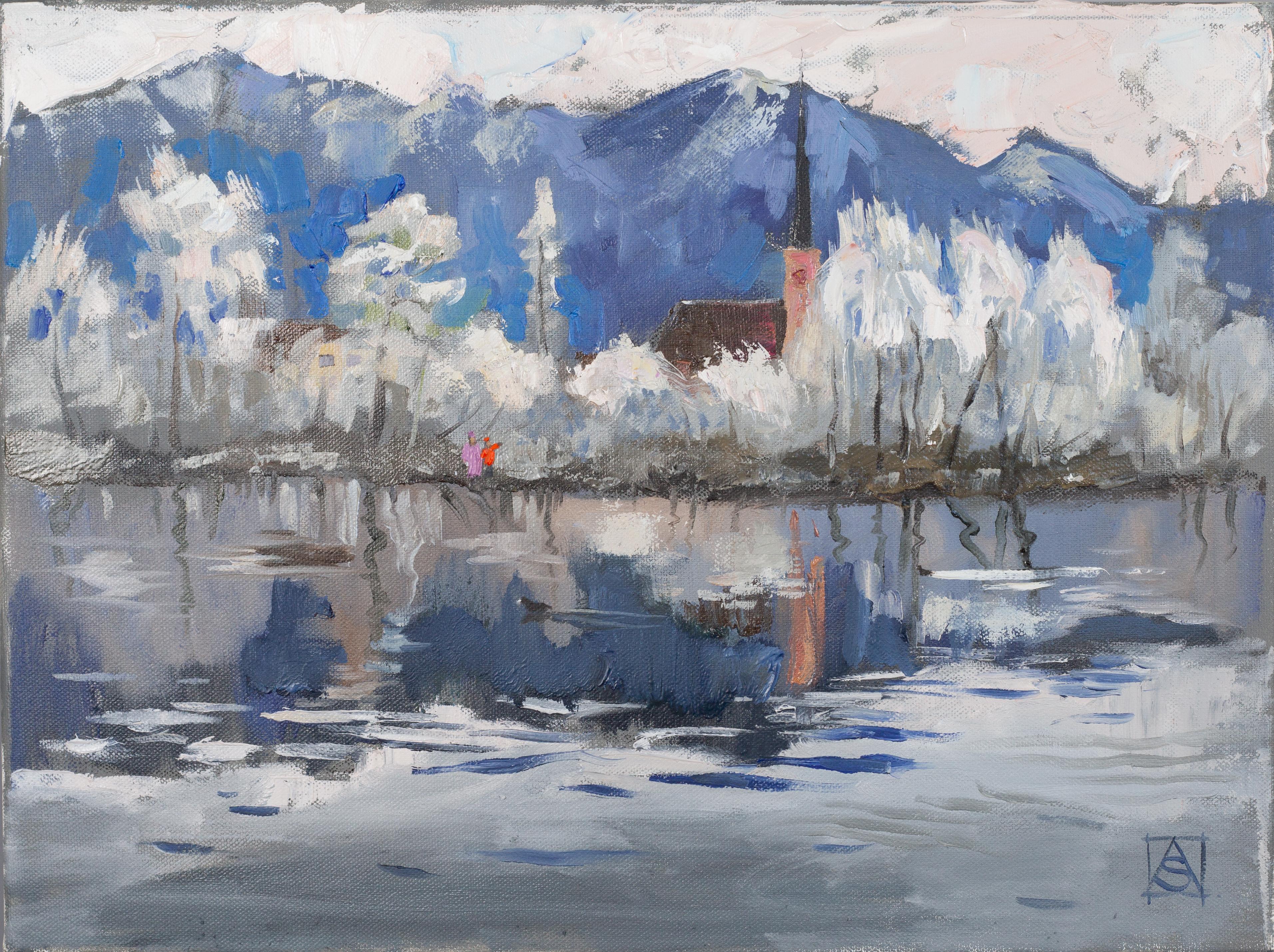 Winter Fairy Tale on Lake Werdenbergersee. Impressionism, oil painting