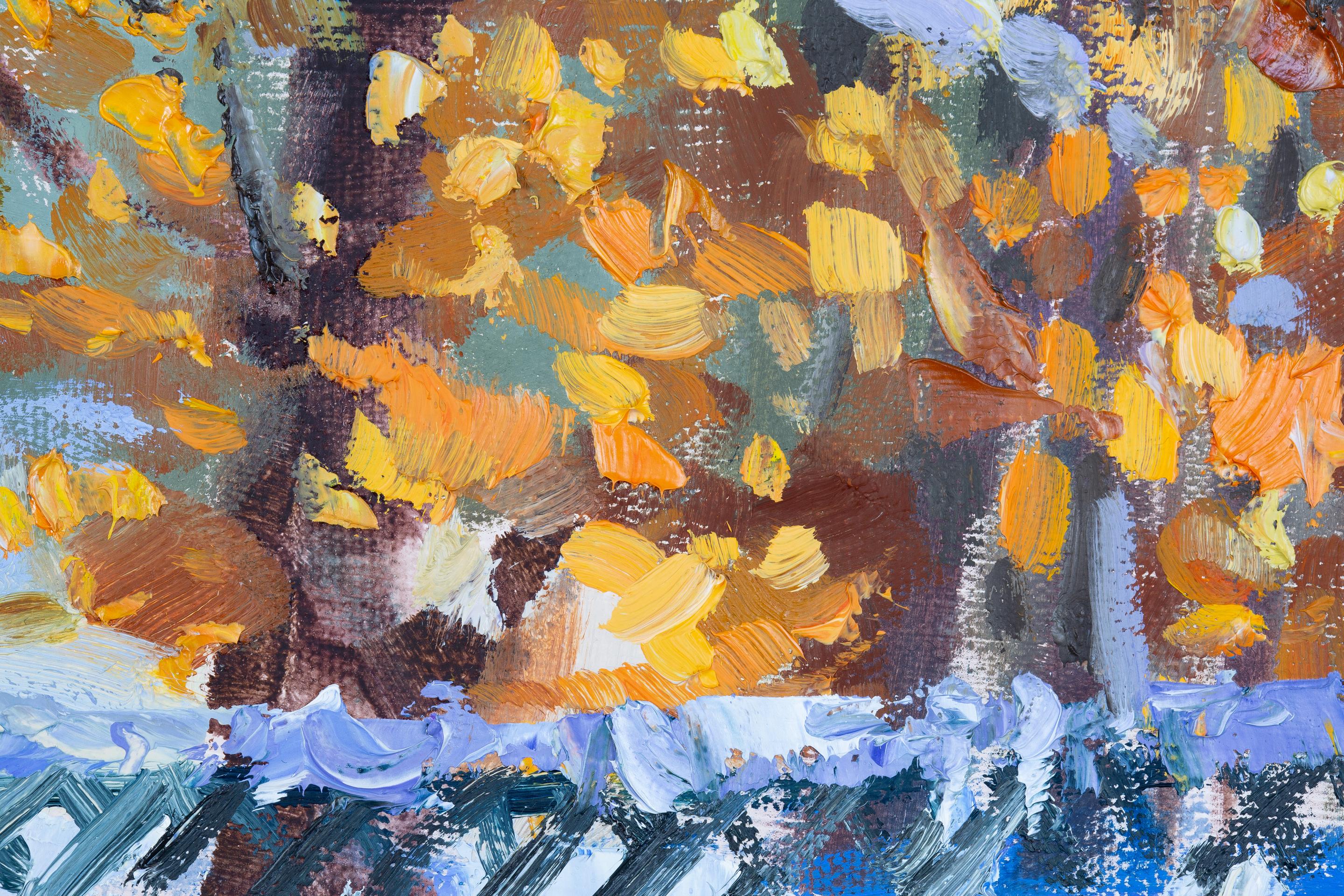 Winter Mood. City, winter, impressionism, horizontal, design, oil painting. For Sale 3