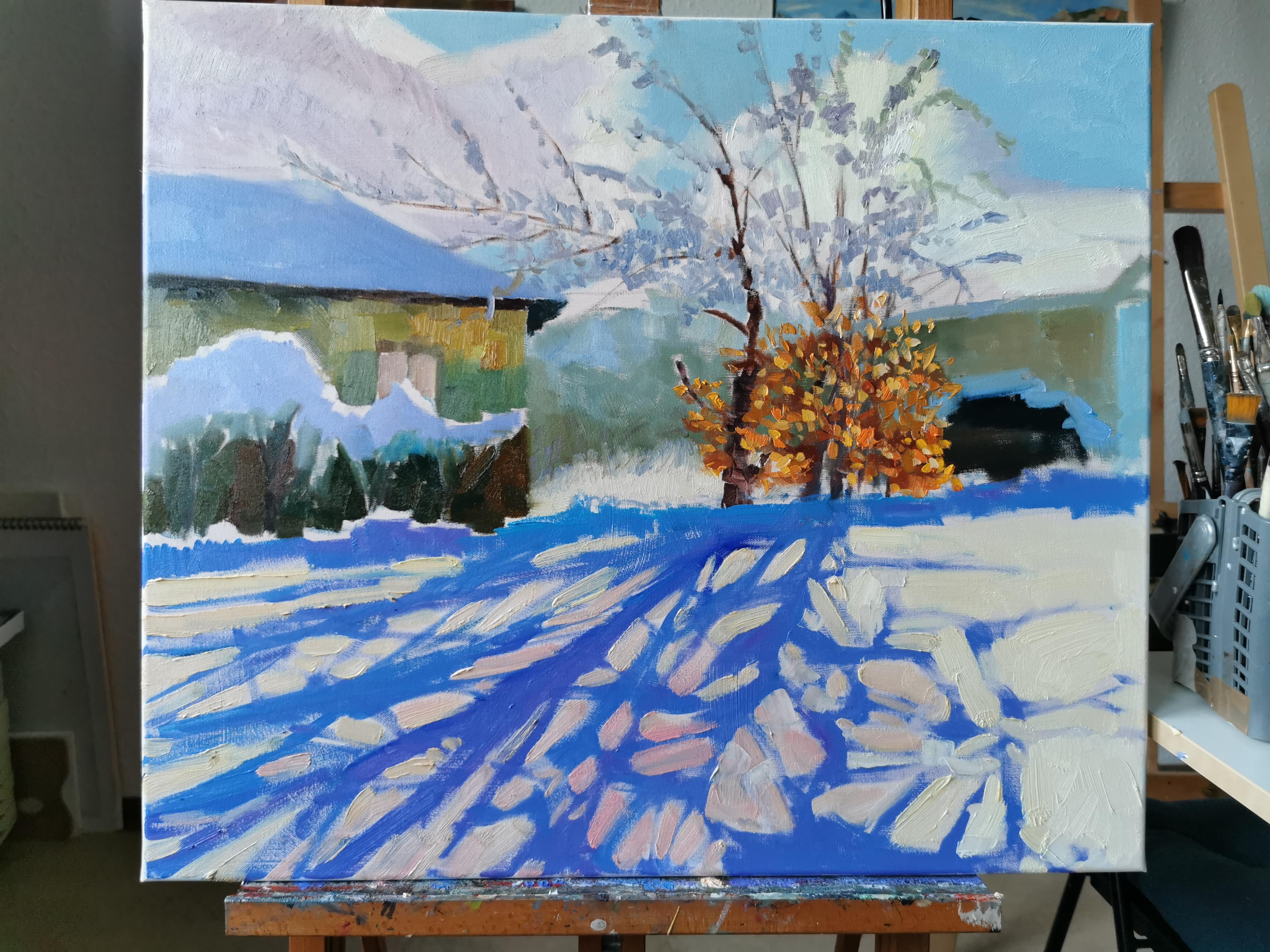 Estado de ánimo invernal. Ciudad, invierno, impresionismo, horizontal, óleo. en venta 14