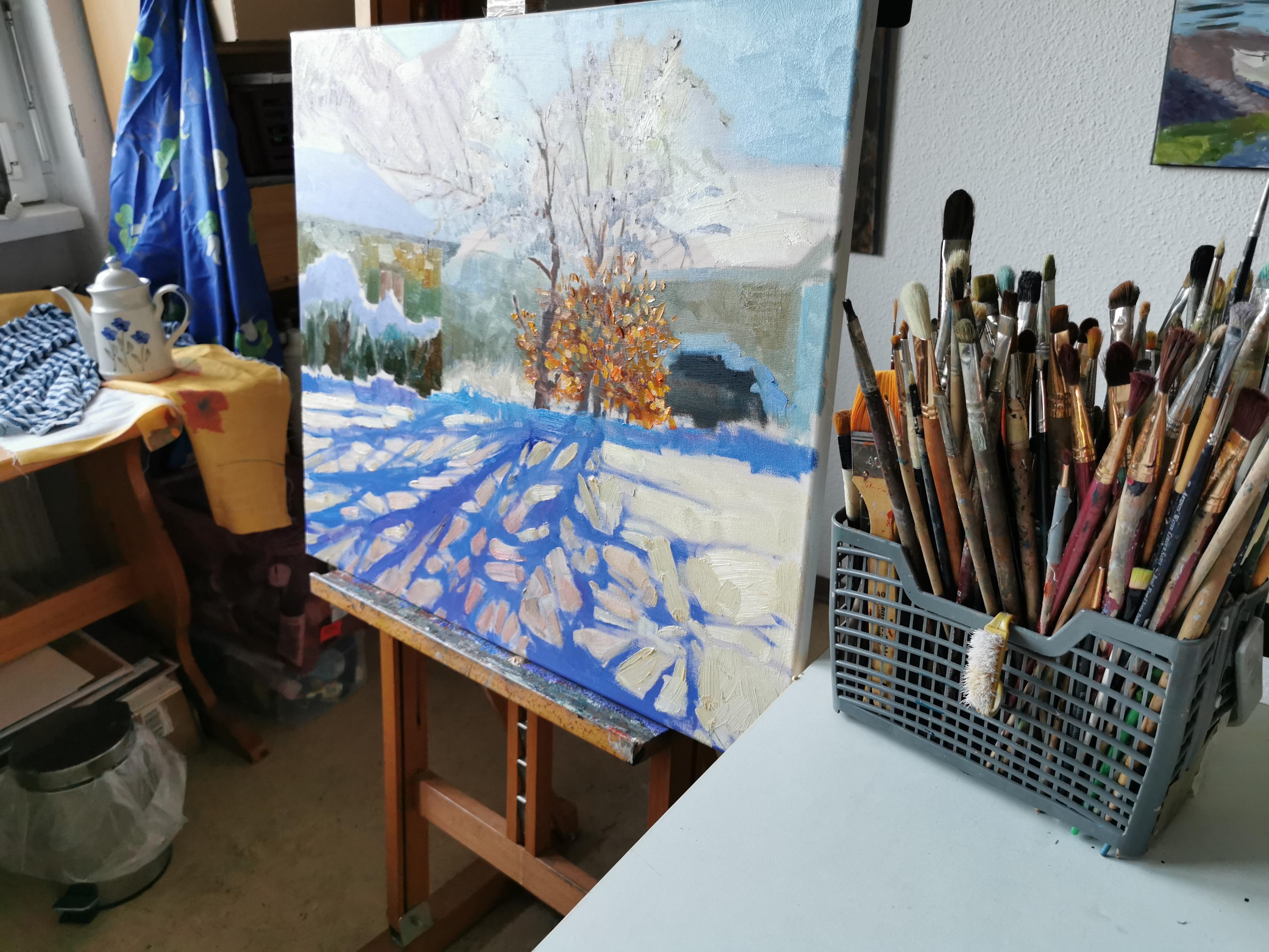 Estado de ánimo invernal. Ciudad, invierno, impresionismo, horizontal, óleo. en venta 15