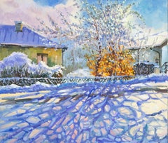 A Winter. Impressionnisme, format horizontal, peinture à l'huile représentant un paysage, ville, hiver