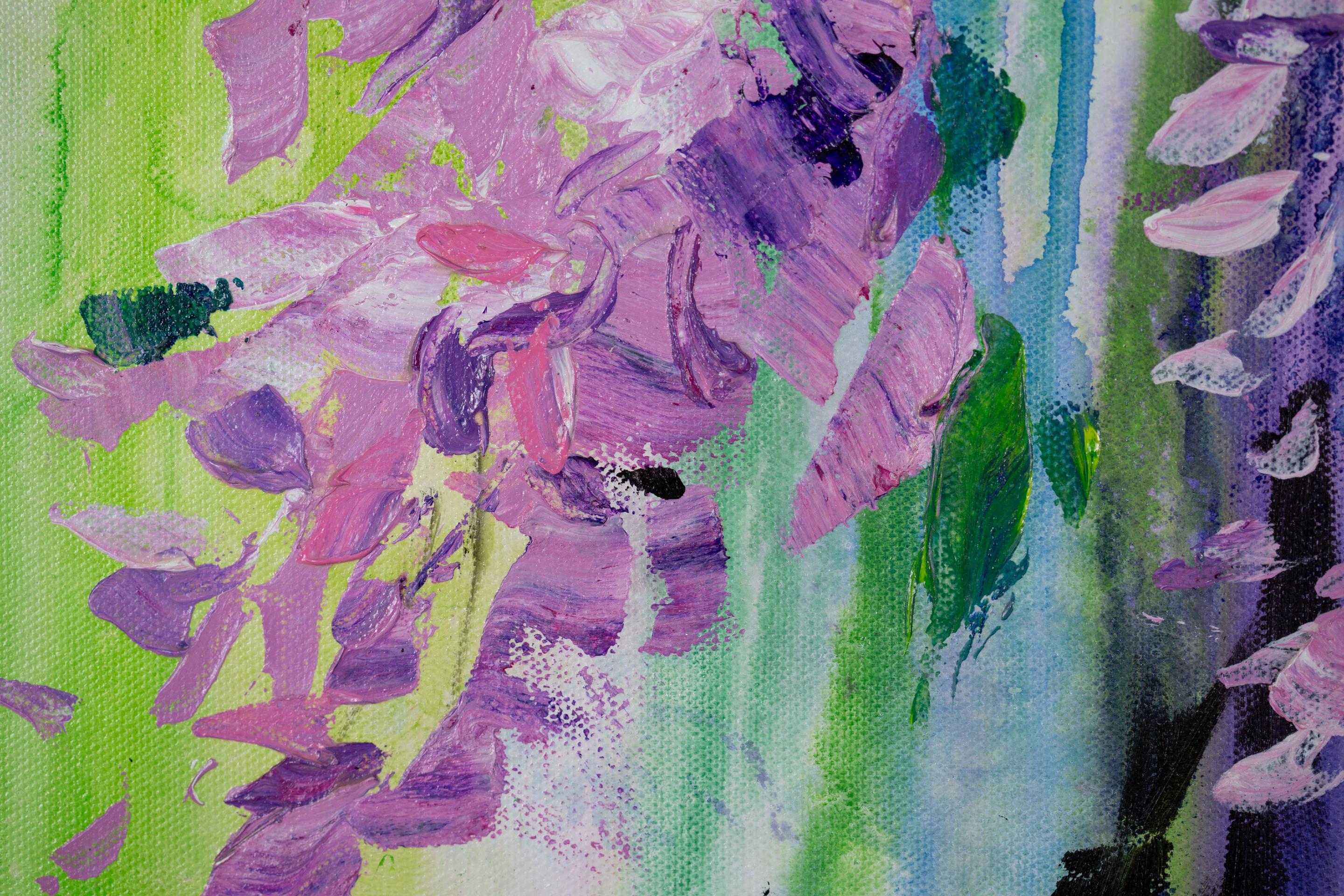 Glyzinie. Acryl, blumig, flieder, blumen, abstrakt, horizontal, modern im Angebot 5