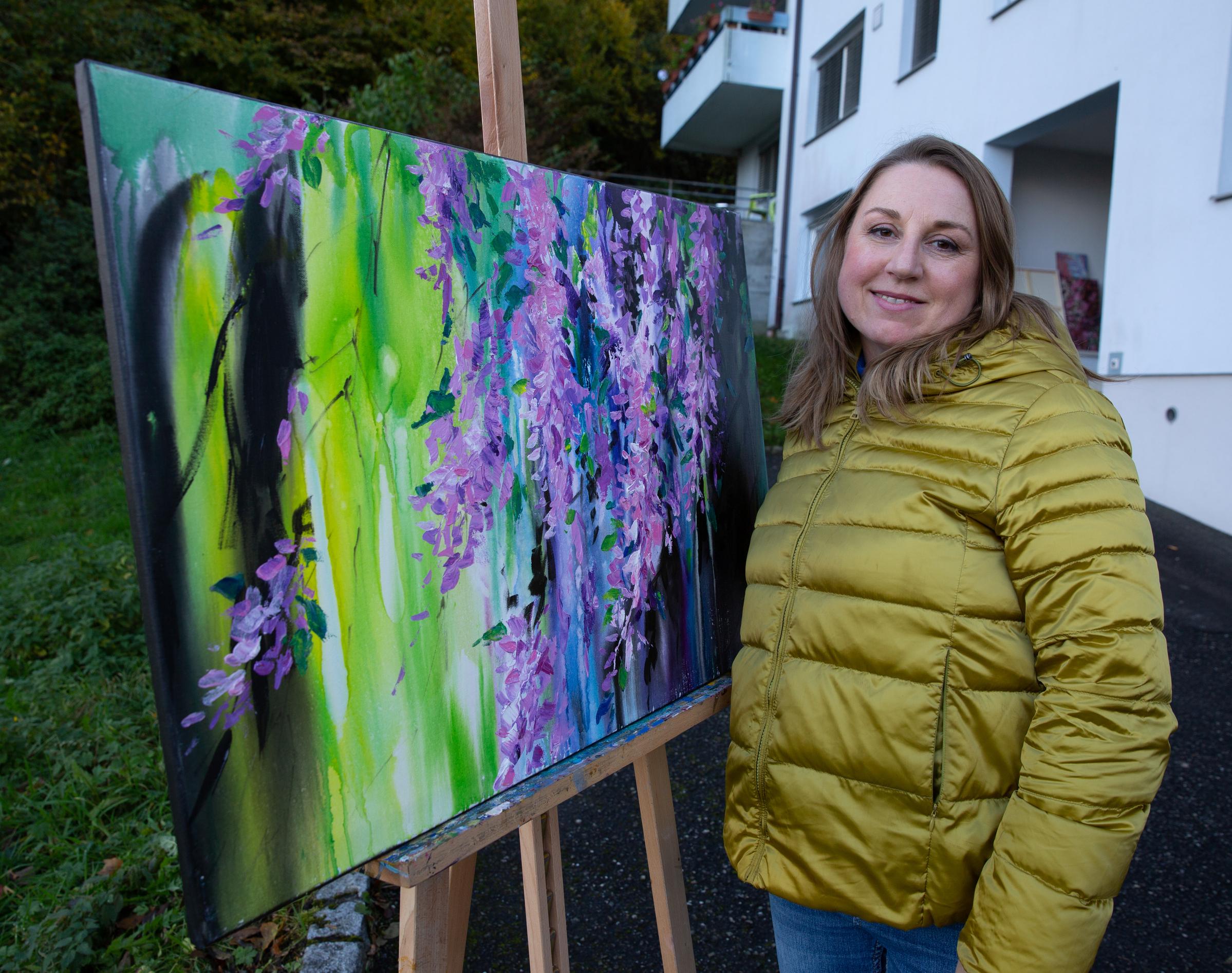 Glyzinie. Acryl, blumig, flieder, blumen, abstrakt, horizontal, modern im Angebot 7