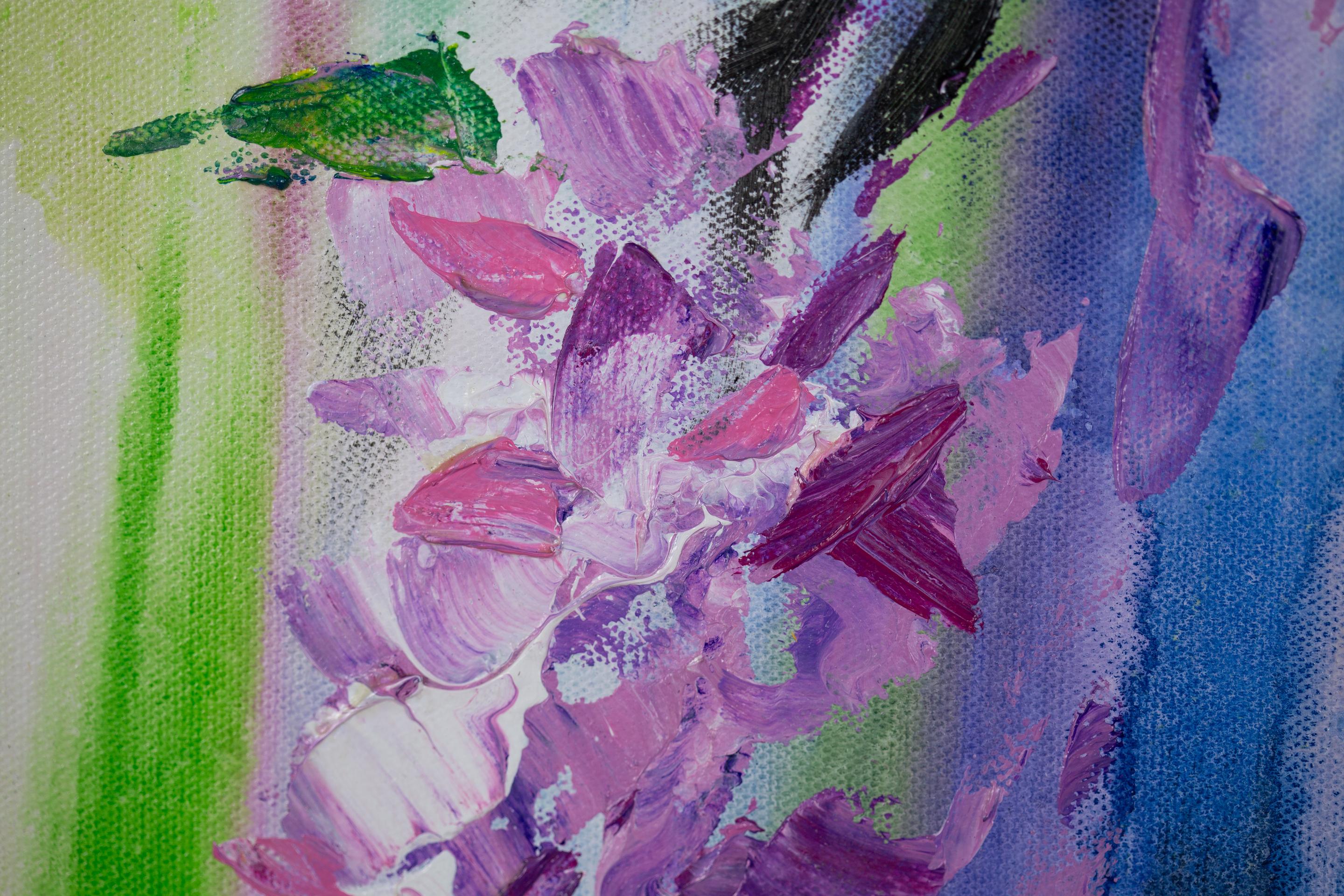 Glyzinie. Acryl, blumig, flieder, blumen, abstrakt, horizontal, modern (Schwarz), Interior Painting, von Anna Shesterikova