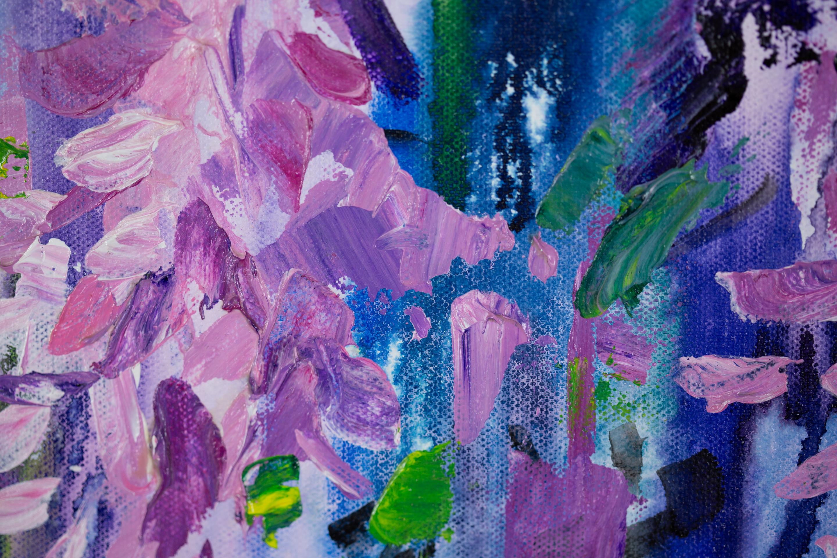 Glyzinie. Acryl, blumig, flieder, blumen, abstrakt, horizontal, modern im Angebot 4