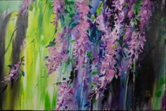 Glicinia. Acrílico, floral, lila, flores, abstracto, horizontal, moderno