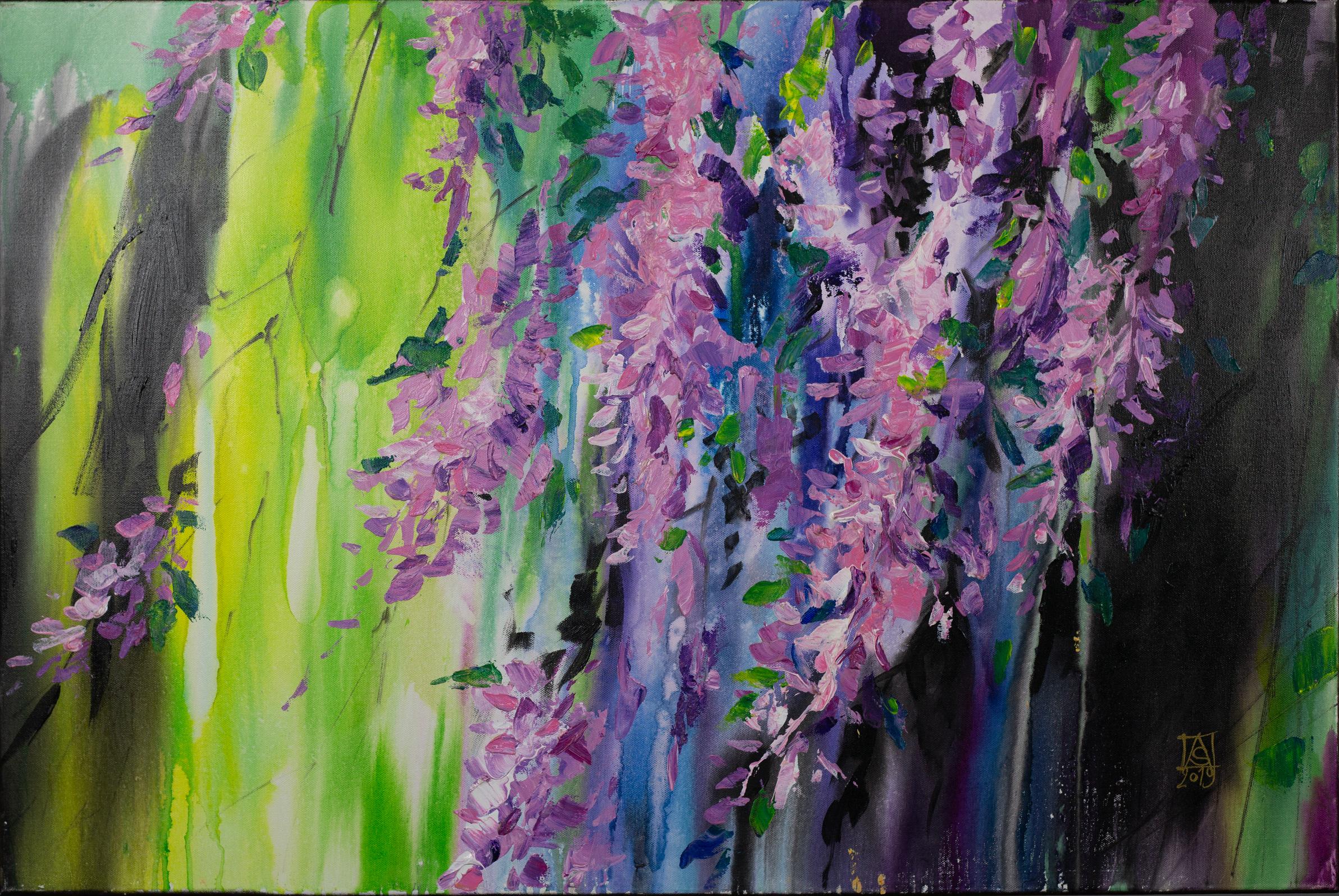 Anna Shesterikova Interior Painting - Wisteria. Acrylic, floral, lilac, flowers, abstract, horizontal, modern