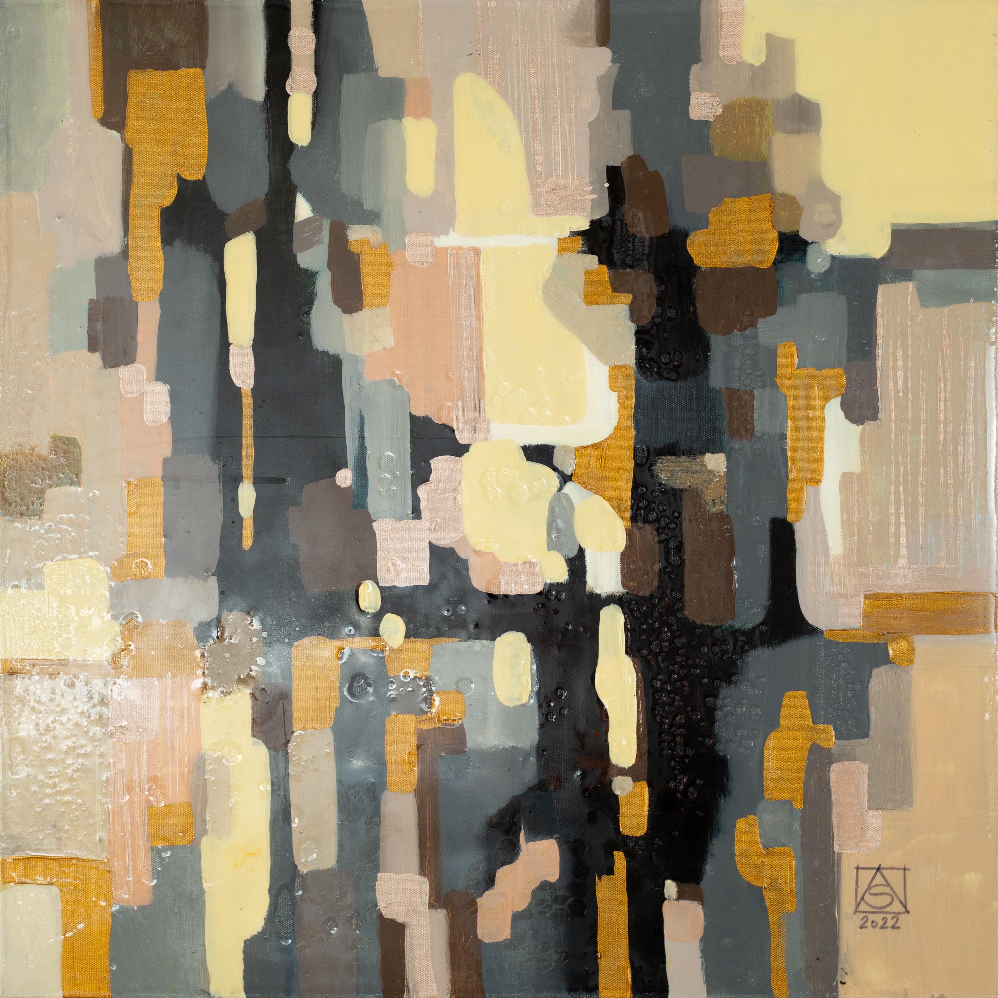 Anna Shesterikova Abstract Painting - World In Reflections. Abstract, gray, black, square, gold, resin
