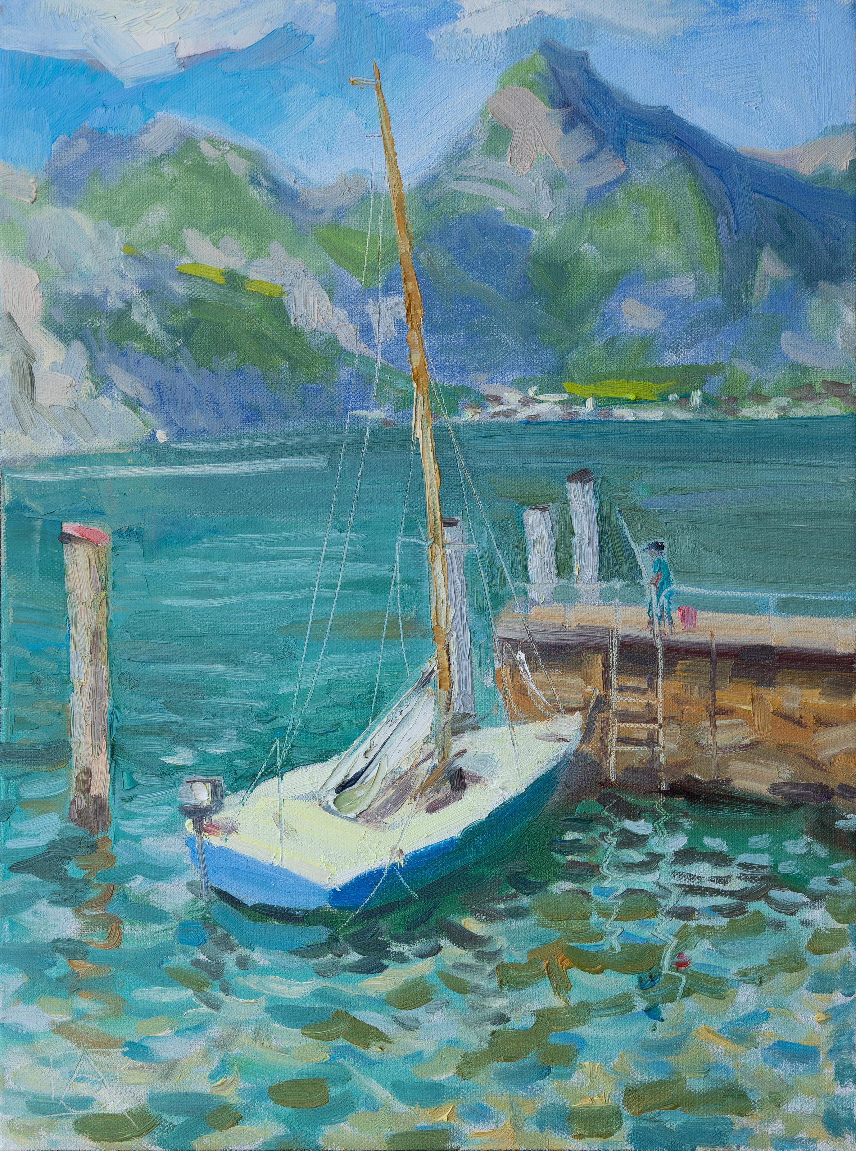 Anna Shesterikova Landscape Painting - Yacht At The Pier