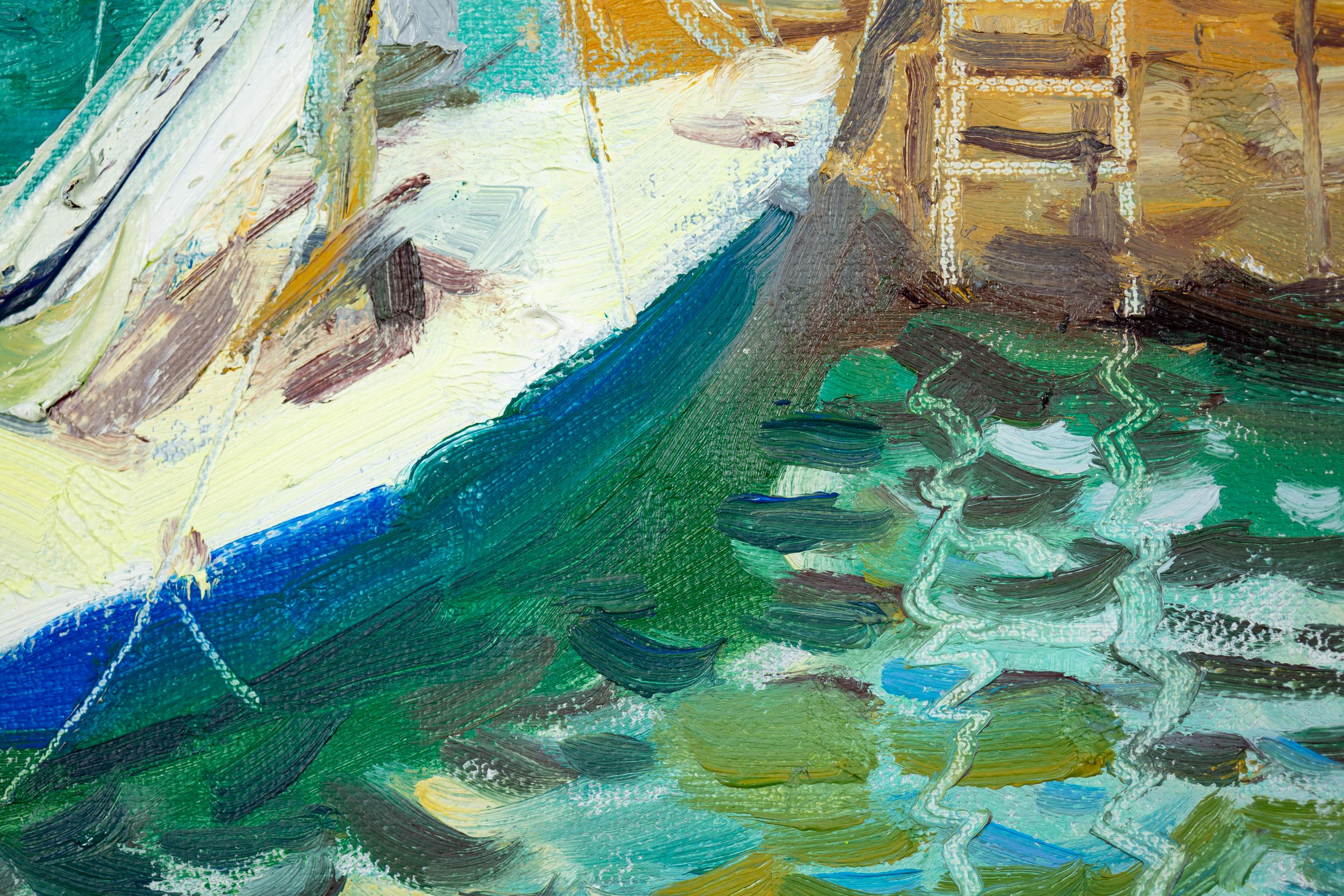 Yacht At The Pier. Landscape in oil, impressionism, vertikal. Lake, mountains For Sale 5