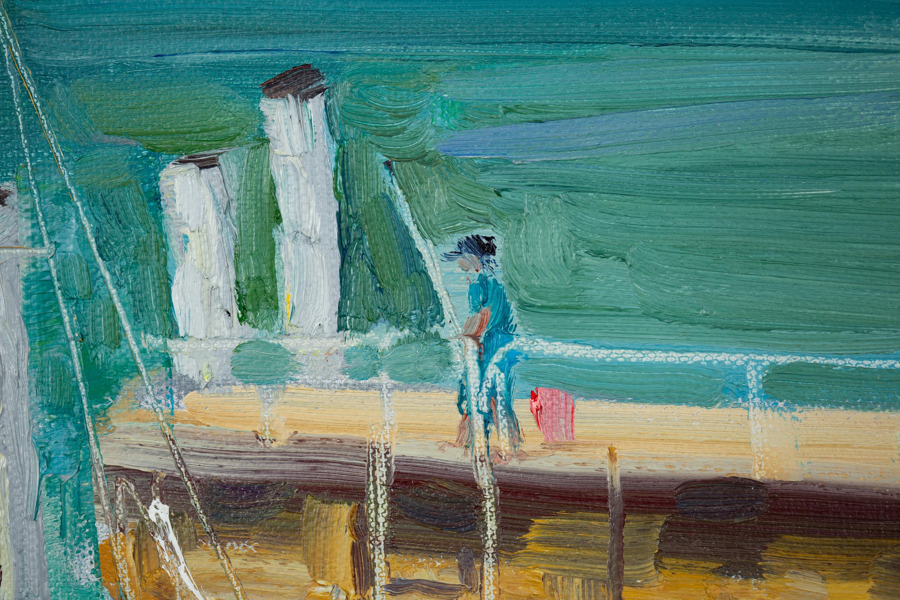 Yacht At The Pier. Landscape in oil, impressionism, vertikal. Lake, mountains For Sale 6