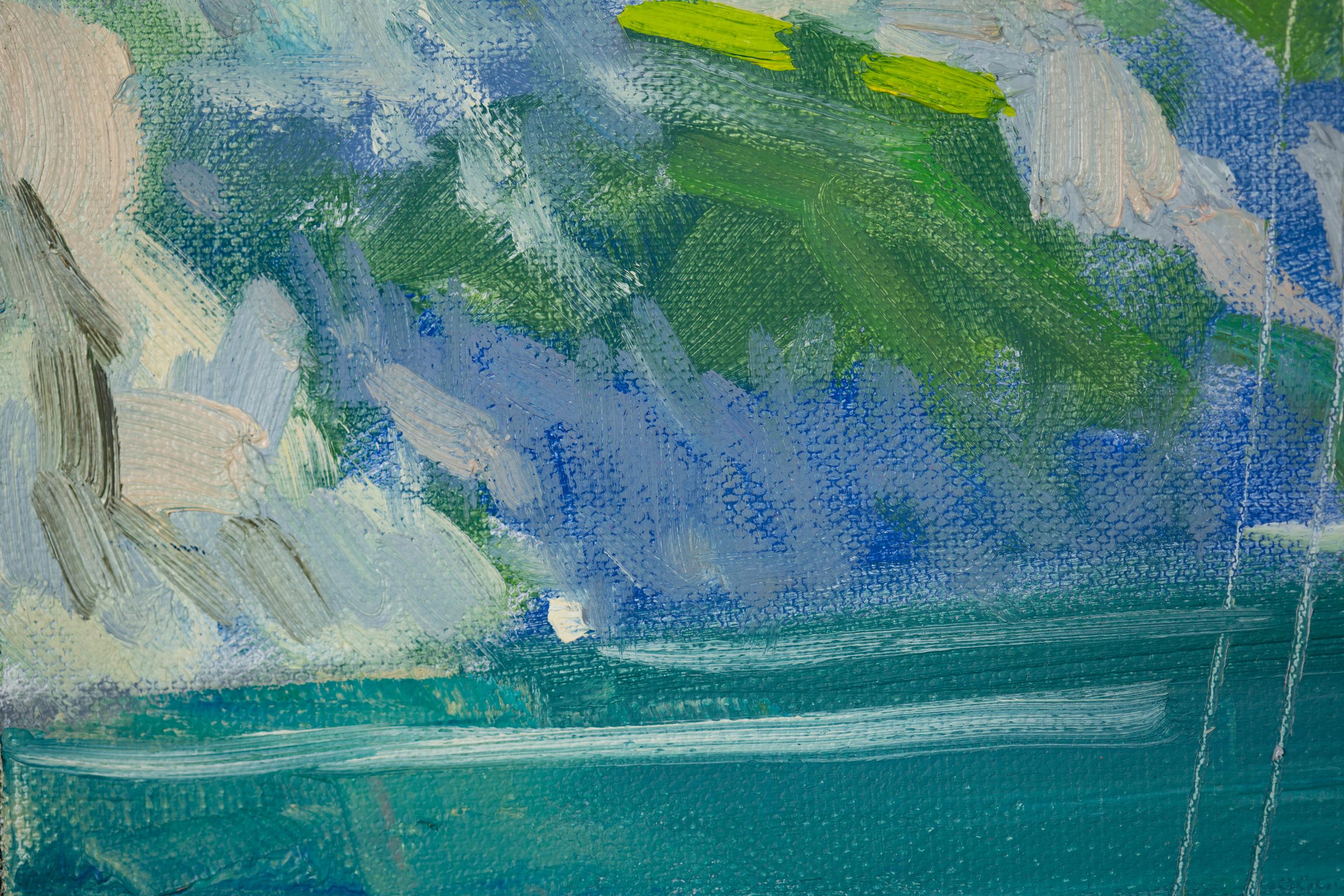 Yacht At The Pier. Landscape in oil, impressionism, vertikal. Lake, mountains For Sale 7