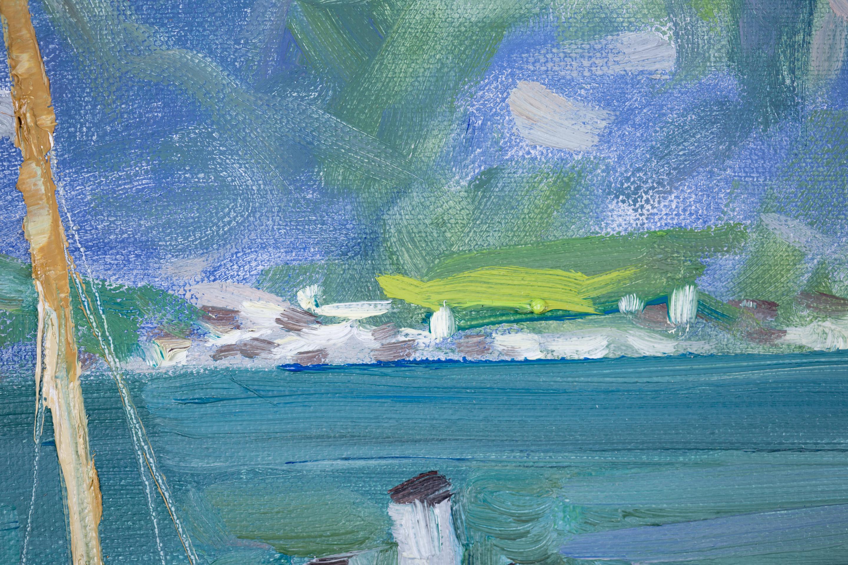Yacht At The Pier. Landscape in oil, impressionism, vertikal. Lake, mountains For Sale 8